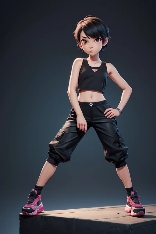 12 year old 2d female character with short hair and tank top and black mesh pants for platform game..