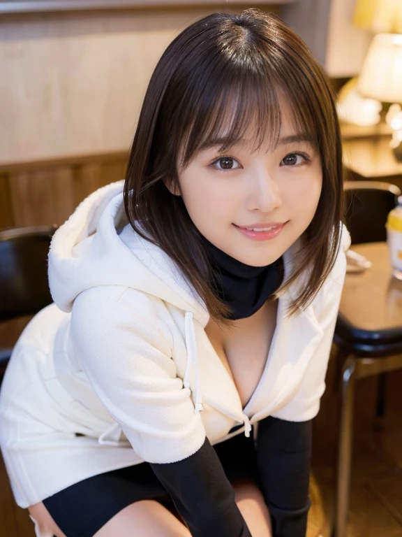 (Photorealistic), (ultra high realistic), (The ultra -The high-definition目), (ultra high detailed), (Increase contrast), (Increase saturation), (12 year old super beautiful girl), (light skinned)A pretty woman with perfect figure, Bright smile,, (Lifelike face), a short bob、Hair hanging over the ears, Realistic eyes, natural make up、beautiful detail, (real looking skin), Beautiful skins, enticing, The ultra -The high-definition, A hyper-realistic, Realistic, Very detailed,, bangss), (Tight black knit miniskirt dress、)(Outerwear is a short white hooded coat、Opening the front)((White knee high boots))japanese cute idol, I can see the cleavage) Brown hair,((Stylish café))Inviting Pose、Beautiful valley、beutiful breast、thin-waist、big butts、Knee-deep angle