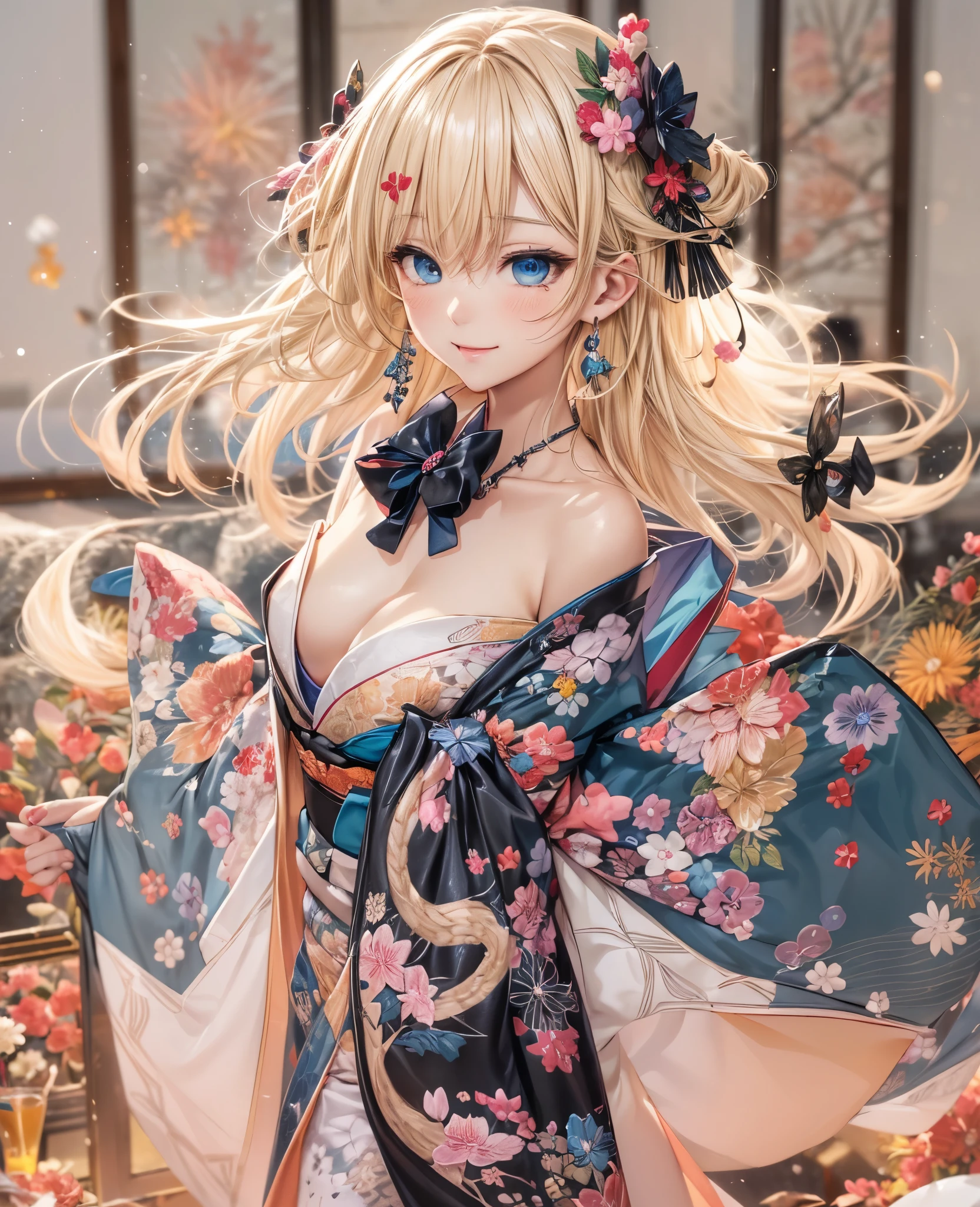 Melody Mark,of the highest quality,Best Masterpiece, (new year theme:1.4),(Japan Girls:1.3), (Jet black kimono:1.4),(Pink obi:1.2), (Highly detailed and colorful embroidery and fancy patterns:1.3), (off shoulders:1.4), (Geta:1.2),(Fancy hair ornaments:1.3),(super huge ribbon:1.2),in front of your waist:1.3),(1 fox girl),(A jet black dragon is behind me:1.3),(A wistful smile: 1.3),red blush,(blonde short low tail: 1.4),Shiny hair, (Deep Blue Eyes:1.4),Small earrings,Small necklace,Kemomimi