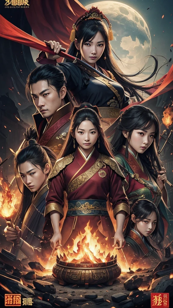 oriental、古代中国の鎧を着たember、革のヘルメットをかぶった古代中国のember性、ember、three kingdom、multiple warlords、top-quality、​masterpiece、超A high resolution、(Photorealsitic:1.4)、Game Posters、Clear and beautiful image quality、