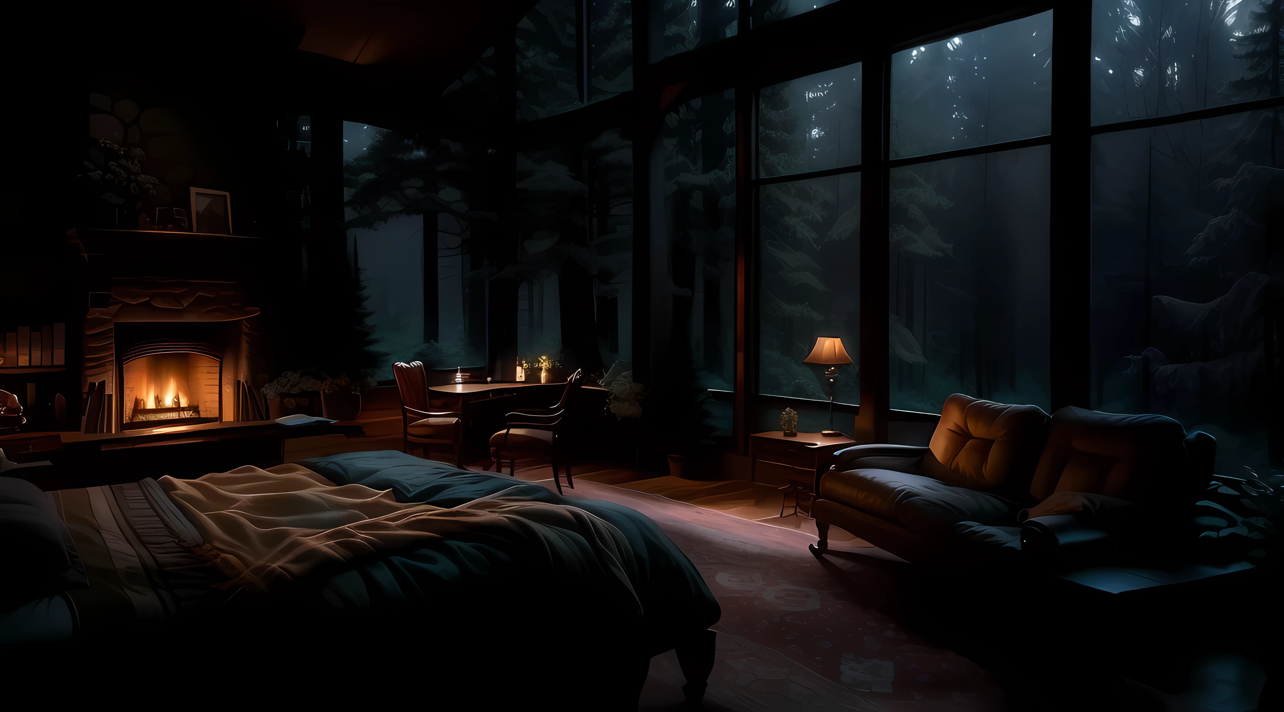 Bedroom view with fire in the fireplace in the room, large windows overlooking the forest, quiet night. original image, rainy day. original rendering, rainy night, gloomy cinematic lighting, atmosphere. digital painting, moody cartoon scenes, dramatic lighting. concept art, atmospheric shots, gloomy weather. hyperrealistic, atmospheric rendering, rainy night, huge forest, atmospheric and sandy details, beautiful and cinematic lighting, rainforest