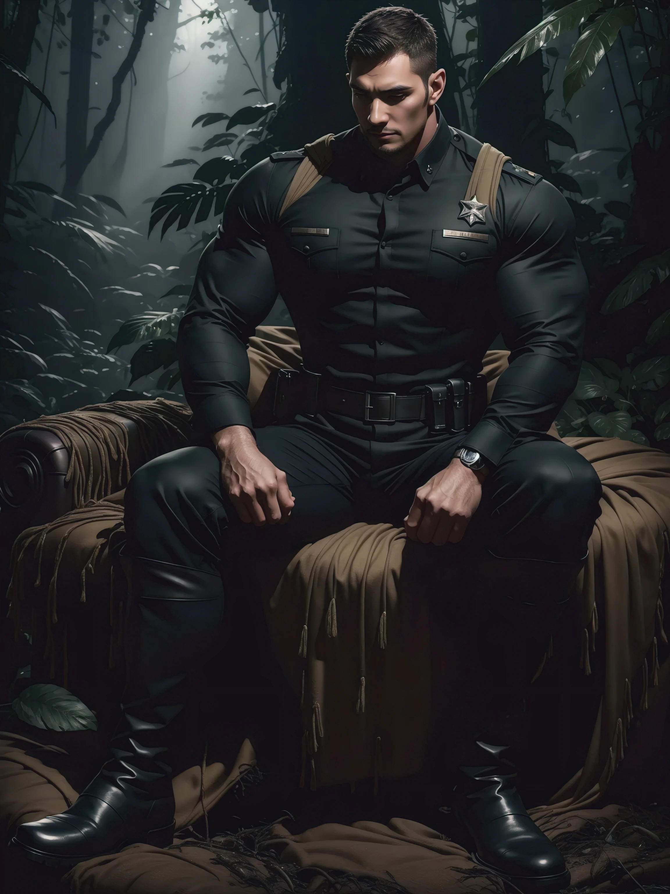 Tall giant muscular man sitting in the forest，Dark black military uniform，character  design（Resident Evil - Chris Redfield，Chris Redfield）His hairstyle is a crew cut，身穿Dark black military uniform，Matte texture，Soft and comfortable sofa，Sitting in the eerie sugar cane jungle, The body is wrapped in thick rattan，expression sad，Deep and charming eyes，Sapphire eye male protagonist，heroic masculine pose，Tall and burly，musculous！Charming leg muscles，tall, Burly, and strong， 身穿Dark black military uniform， Super gain and cool， commission for high resolution， Big feet in black boots，Charming strong man，Bright sunlight shines on the body，Matte particles with shiny texture