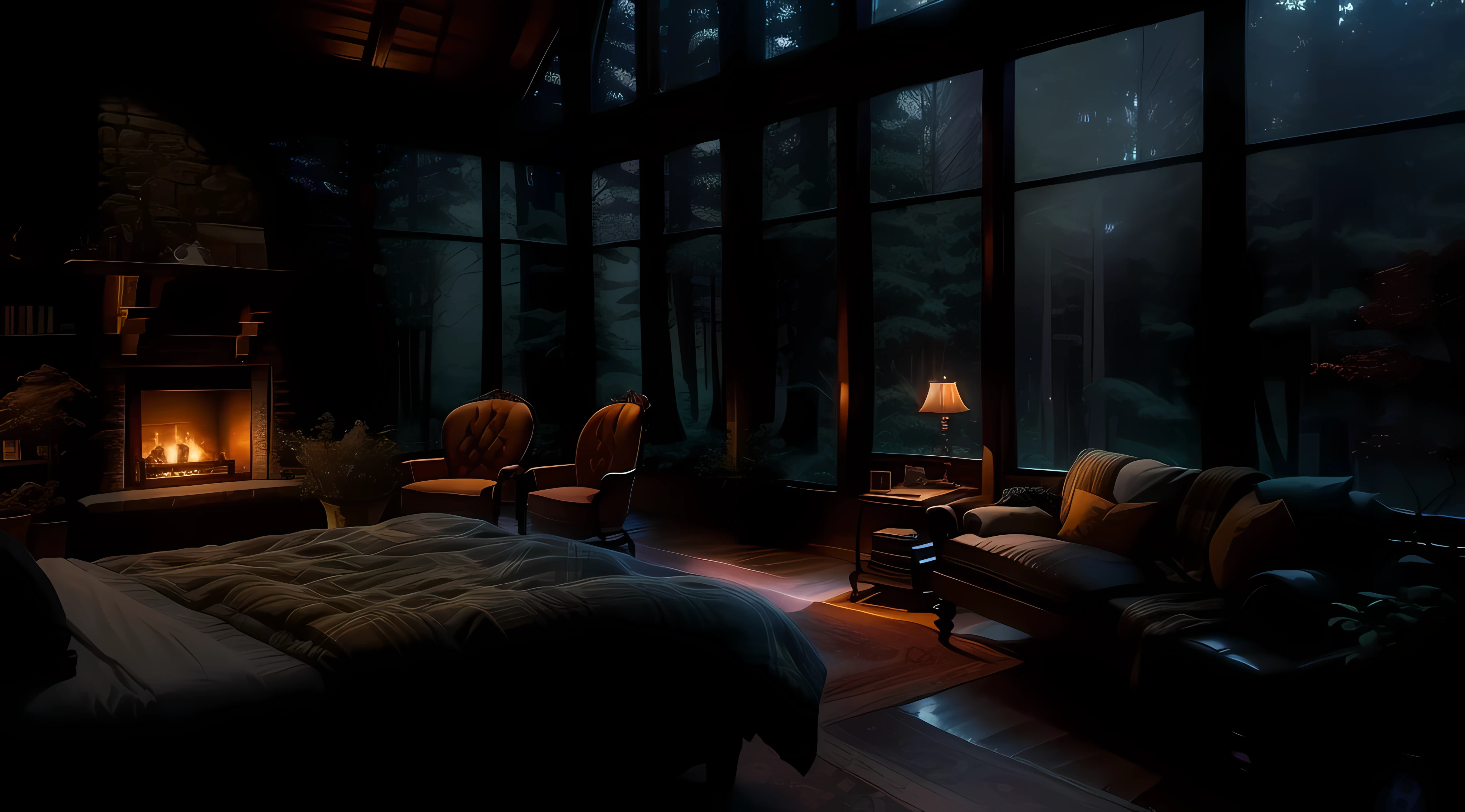 arafed bedroom with fireplace and large windows facing the forest, bookshelves, there is a study table, large windows to the forest at night, comfortable and peaceful atmosphere, comfortable place, beautiful and cinematic lighting, moody atmosphere, cozy atmosphere, moody cinematic atmosphere, environment cozy, dimly lit bedroom, dark bedroom, gloomy cinematic lighting, cozy home backdrop, relaxing environment, beautiful atmosphere and drama, visible other houses too