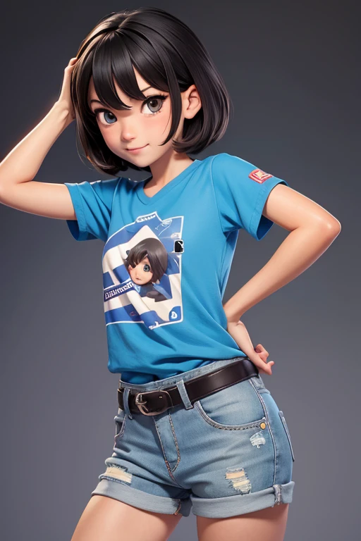 12 year old 2d female character with semi short hair, camiseta sin mangas y pantalones de malla negros para juego de plataformas..