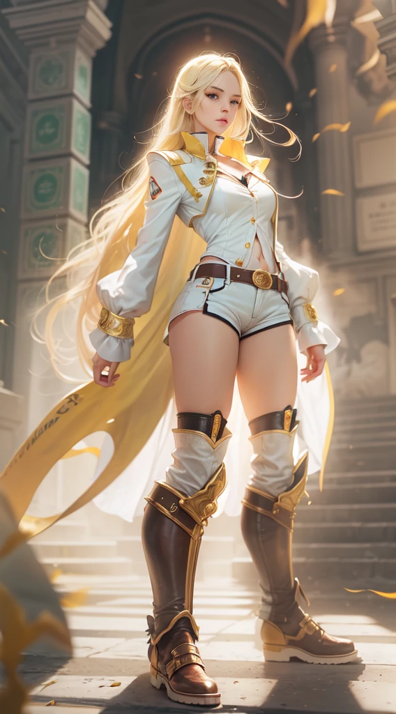 Blonde woman wearing short shorts, Green and white clothes, blonde hairs, golden hair, long  hair, White Boots, Castlevania, sun lighting, Lots of golden details