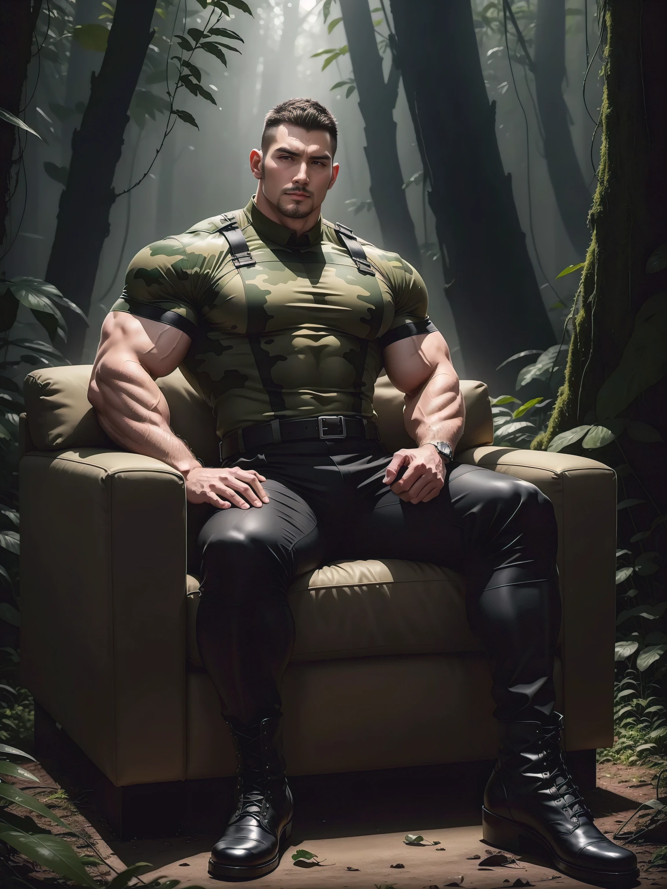 Tall giant muscular man sitting in the forest，Dark black camouflage military uniform，character  design（Resident Evil - Chris Redfield，Chris Redfield）His hairstyle is a crew cut，身穿Dark black camouflage military uniform，Matte texture，Soft and comfortable sofa，Sitting in the eerie sugar cane jungle, The body is wrapped in thick rattan，expression sad，Deep and charming eyes，The hero with emerald pupils，heroic masculine pose，Tall and burly，musculous！Charming leg muscles，tall, Burly, and strong， 身穿Dark black camouflage military uniform， Super gain and cool， commission for high resolution， Big feet in black boots，Charming strong man，Bright sunlight shines on the body，Matte particles with shiny texture