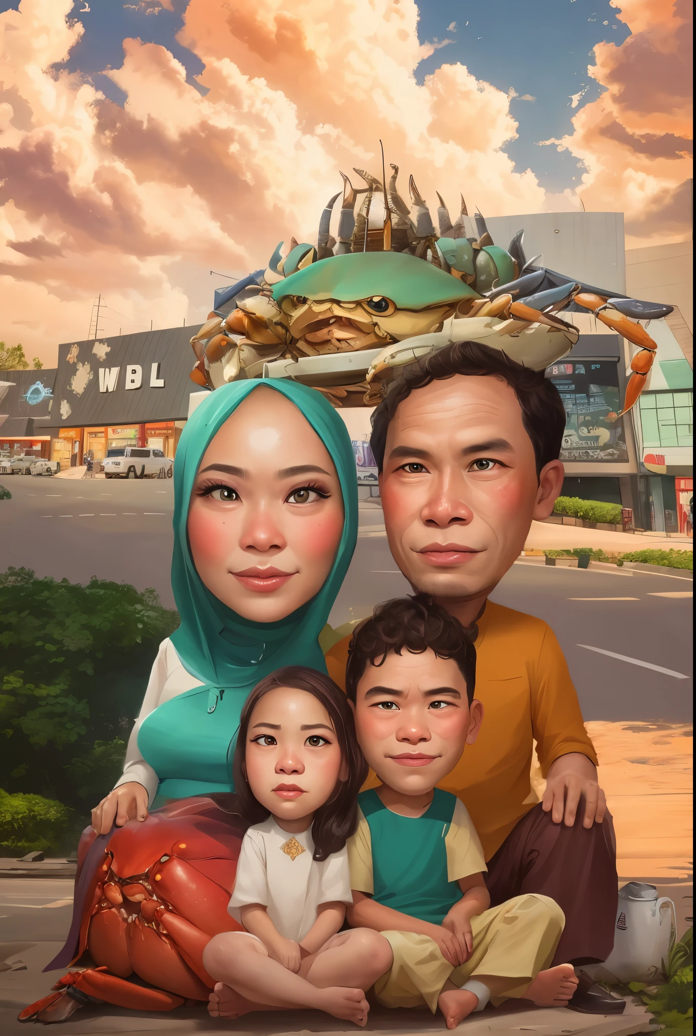 arafed family portrait with crab on head in front of a shopping center, Beautiful clouds and sky, an indonesian family portrait, family portrait, happy family, potrait, caricature illustration, full protrait, barong family, cartoon portrait, portrait picture, caricature, by Abidin Dino, cartoon digital painting, crab, in cartoon style, classic portrait, cartoon art, digital cartoon painting art, hiperrealism, detail, 8k,