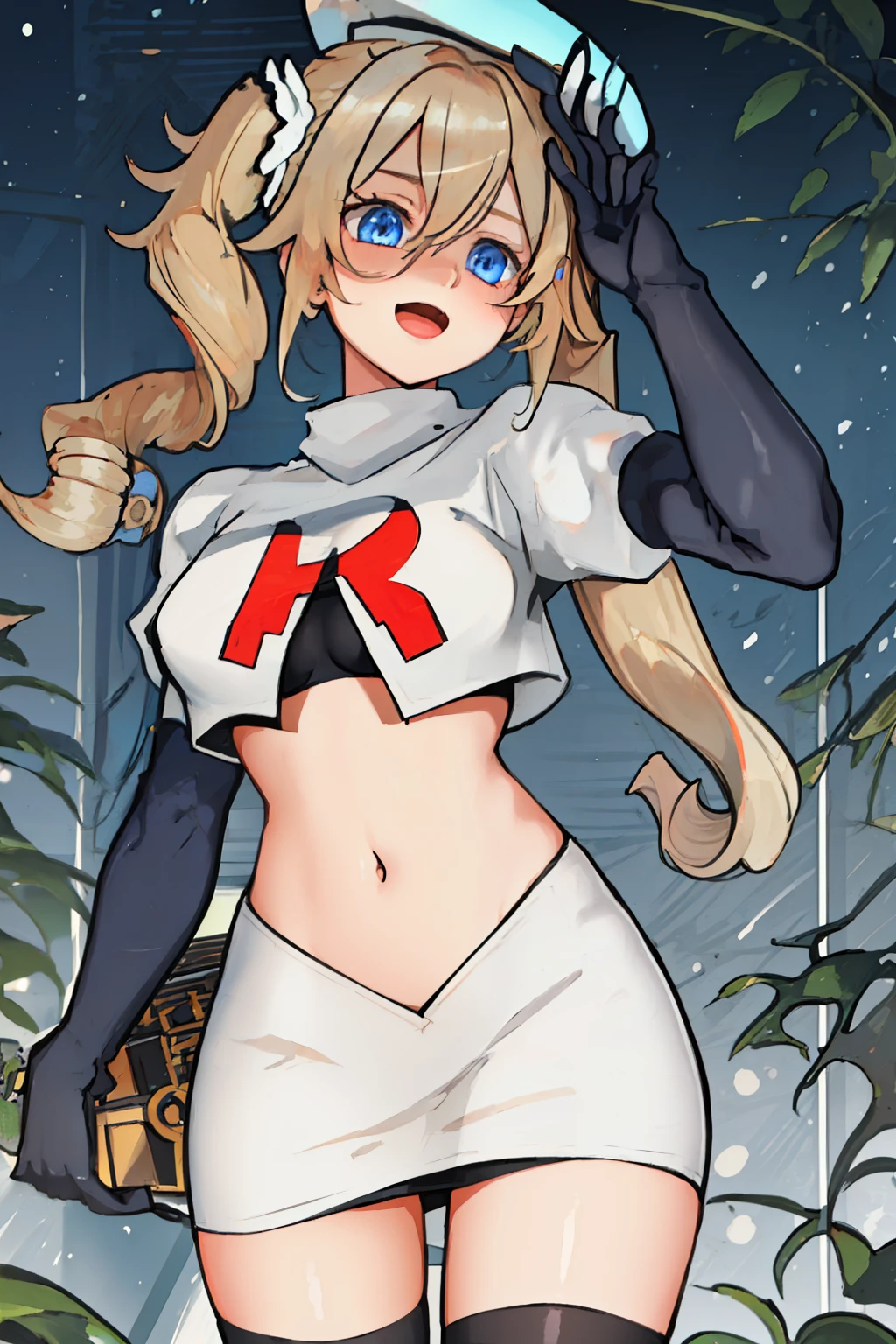 best quality, masterpiece, highres, solo, {barbara_genshin:1.15}, blonde_hair, blue_eyes, twintails, bangs, long_hair, drill_hair, twin_drills, hat, blush, breasts, white_headwear, hair_ornament, 1girl, hair_between_eyes, :d, team rocket,team rocket uniform,white skirt,red letter R,crop top,black thigh-highs,black elbow gloves