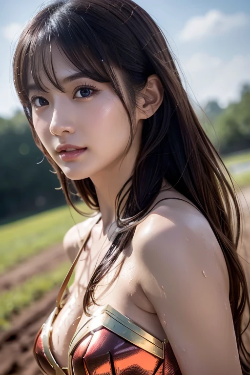 masterpiece、1 beautiful girl、A detailed eye、Puffy eyes、top-quality, 超hight resolution, (Realisticity: 1.4), cinematlic lighting、japanes、Asian Beauty、Korea person、Super beauty、Beautiful skin、The body is facing forward、up of face、(A hyper-realistic)、(hight resolution)、(8K)、(ighly detailed)、(美しくA detailed eye)、(ultra-detailliert)、 (wall-)、A detailed face、Bright lighting、profetional lighting、looking at viewert、Facing straight ahead、oblique bangs、nighttime scene、Brown hair、乃木坂アイドル、韓国アイドル、hposing Gravure Idol、、25-years old、Wonder Woman Woman wearing Wonder Woman costume in the mud Wet mud, Covered in mud, mud ground, Wearing a Wonder Woman costume, uhd candid photo of dirty, Flying mud, Dirty and sweaty, dirty, Wearing sweat,dirty, tar pit,dirt on face