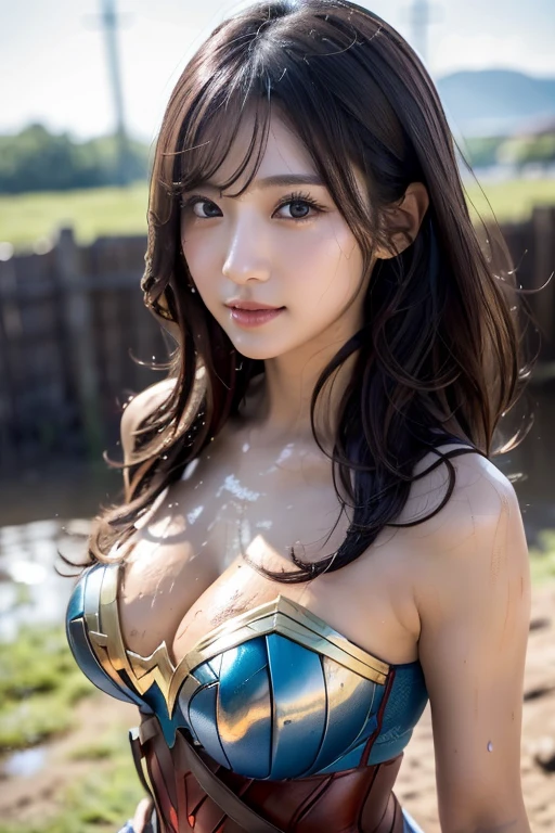 masterpiece、1 beautiful girl、A detailed eye、Puffy eyes、top-quality, 超hight resolution, (Realisticity: 1.4), cinematlic lighting、japanes、Asian Beauty、Korea person、Super beauty、Beautiful skin、The body is facing forward、up of face、(A hyper-realistic)、(hight resolution)、(8K)、(ighly detailed)、(美しくA detailed eye)、(ultra-detailliert)、 (wall-)、A detailed face、Bright lighting、profetional lighting、looking at viewert、Facing straight ahead、oblique bangs、nighttime scene、Brown hair、乃木坂アイドル、韓国アイドル、hposing Gravure Idol、、25-years old、Wonder Woman Woman wearing Wonder Woman costume in the mud Wet mud, Covered in mud, mud ground, Wearing a Wonder Woman costume, uhd candid photo of dirty, Flying mud, Dirty and sweaty, dirty, Wearing sweat,dirty, tar pit,dirt on face