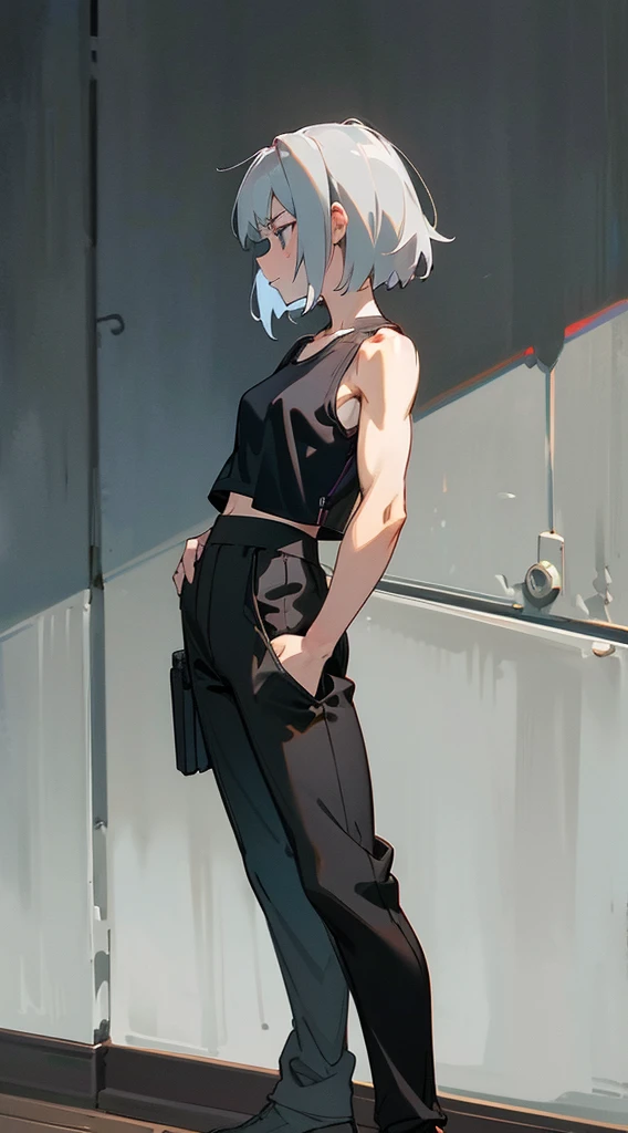 HDR, master piece, vintage, RTX, (master piece, best quality: 1.2), (master piece: 1.2, best quality), a woman in a black shirt and green pants standing, wearing a muscular t-shirt, full body, ( ( Front view) ) he is wearing a black t-shirt, wearing a black t-shirt, Black tank top, Black tank top, wearing black t-shirt, front photo, Only, (master piece, best quality, ultra-detailed), sleeveless tops, casual black outfit, wearing a black t-shirt, black vest, model is wearing technical vest, attractive neck, wearing modern black clothes ((CEL SHADING))