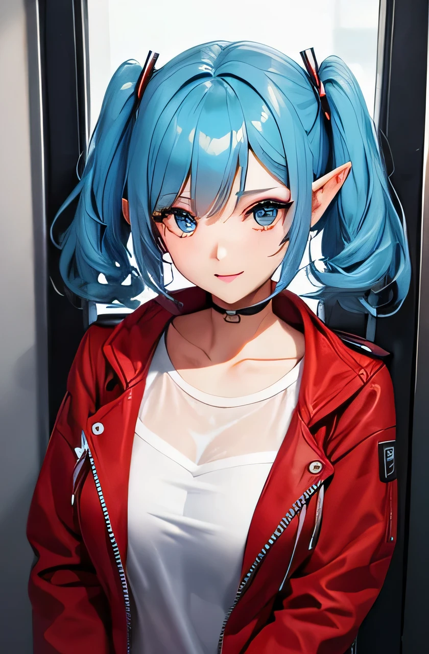 palla, Blue hair, Red Eyes,  Bang, Long hair, 
,  Smile, White Hoodie，Black shorts，brown short boots，Black pantyhose king standing performance,  Upper body, Town,     
(Insanely detailed, beautifull detailed face, masutepiece, Best Quality), Solo,