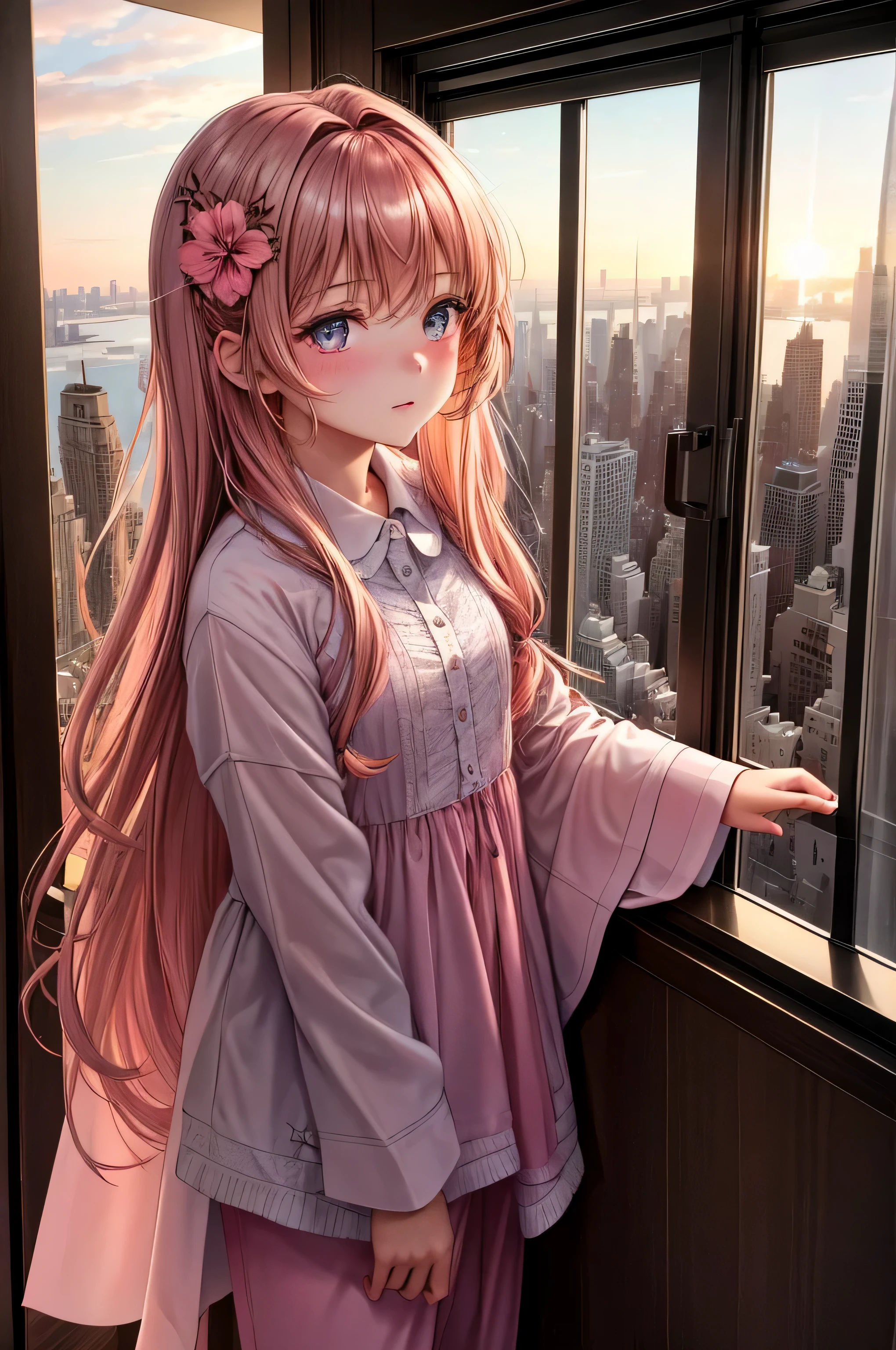 {there is a young girl looking out of a window. she is beautiful, and attractive. she is wearing a pink pjamas. she has beautiful long brown hair, and beautiful hazel eyes. the window is a large. she is inside of a new york highrise, overlooking new york city. it is early morning, and she is watching the sunrise.}, {best quality}, {{masterpiece}}, {highres}, {{{8k}}}, extremely detailed girl, {{{caucasian skin}}}, {{{detailed face}}}, {photo-realism}, {{perfect anatomy}}, sharp focus, {{{character{1 girl}}}}, solo, {{{{{sharp focus}}}}}, {{{detailed cloth texture}}}, {{{detailed skin texture}}}, {{{smooth lighting}}}, {{australian decent}}, {{18-years old girl}},