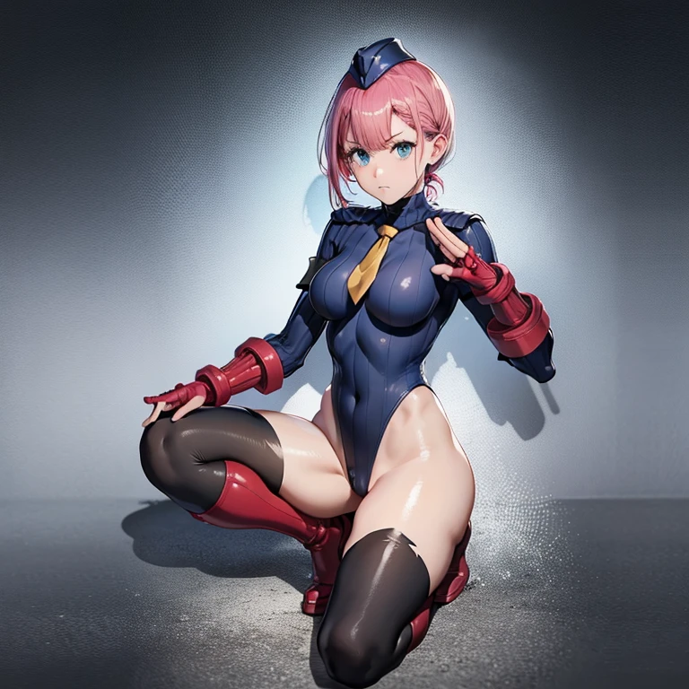 ultra-detailed, Explicit, Beautiful body, Beautiful Nose, Beautiful character design, perfect eyes, perfect face, ultra highres, 4K, beautiful legs, perfect legs, Nice hands, Perfect hand, Masterpiece, Best Quality, Highly detailed, illustration, absurdres, street fighter, doll suit, shadaloo doll, dollsuit, expressionless, blank eyes, looking at viewer, red gloves, emotionless, black latex, corrution, mind control, female combatant, full body, hypnotized, unhappy trance, full body suit, ribbed bodysuit, both arms at side, obey, perfect female body, extremely glossy latex, hypnosis, hypnoLora, empty eyes, Mind control device, poses, submissive_pose, Slave, hat, necktie, ssitting, sitting at attention, hat, necktie, belt, latex, ribbed bodysuit, thighhighs, garter belt, Fighting Stance, extending the right arm from the shoulder into the air with a straightened hand, nazi saluting, military, military saluting, salute, thigh boots, solo, 1girl, We Never Learn, Mafuyu Kirisu, pink hair, long hair, blue eyes