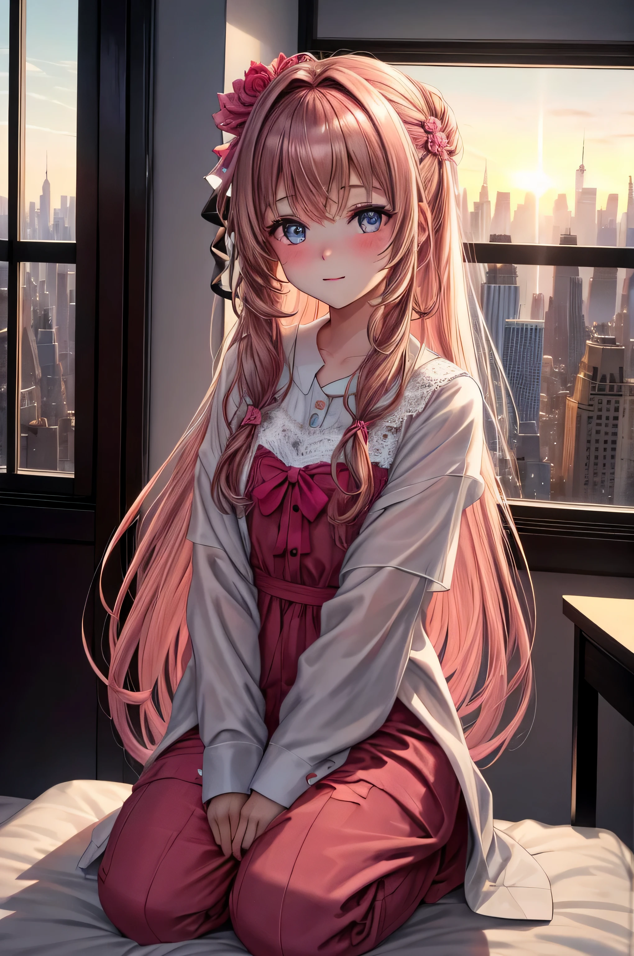 {there is a young girl looking out of a window. she is beautiful, and attractive. she is wearing a pink pjamas. she has beautiful long brown hair, and beautiful hazel eyes. the window is a large. she is inside of a new york highrise, overlooking new york city. it is early morning, and she is watching the sunrise.}, {best quality}, {{masterpiece}}, {highres}, {{{8k}}}, extremely detailed girl, {{{caucasian skin}}}, {{{detailed face}}}, {photo-realism}, {{perfect anatomy}}, sharp focus, {{{character{1 girl}}}}, solo, {{{{{sharp focus}}}}}, {{{detailed cloth texture}}}, {{{detailed skin texture}}}, {{{smooth lighting}}}, {{australian decent}}, {{18-years old girl}},