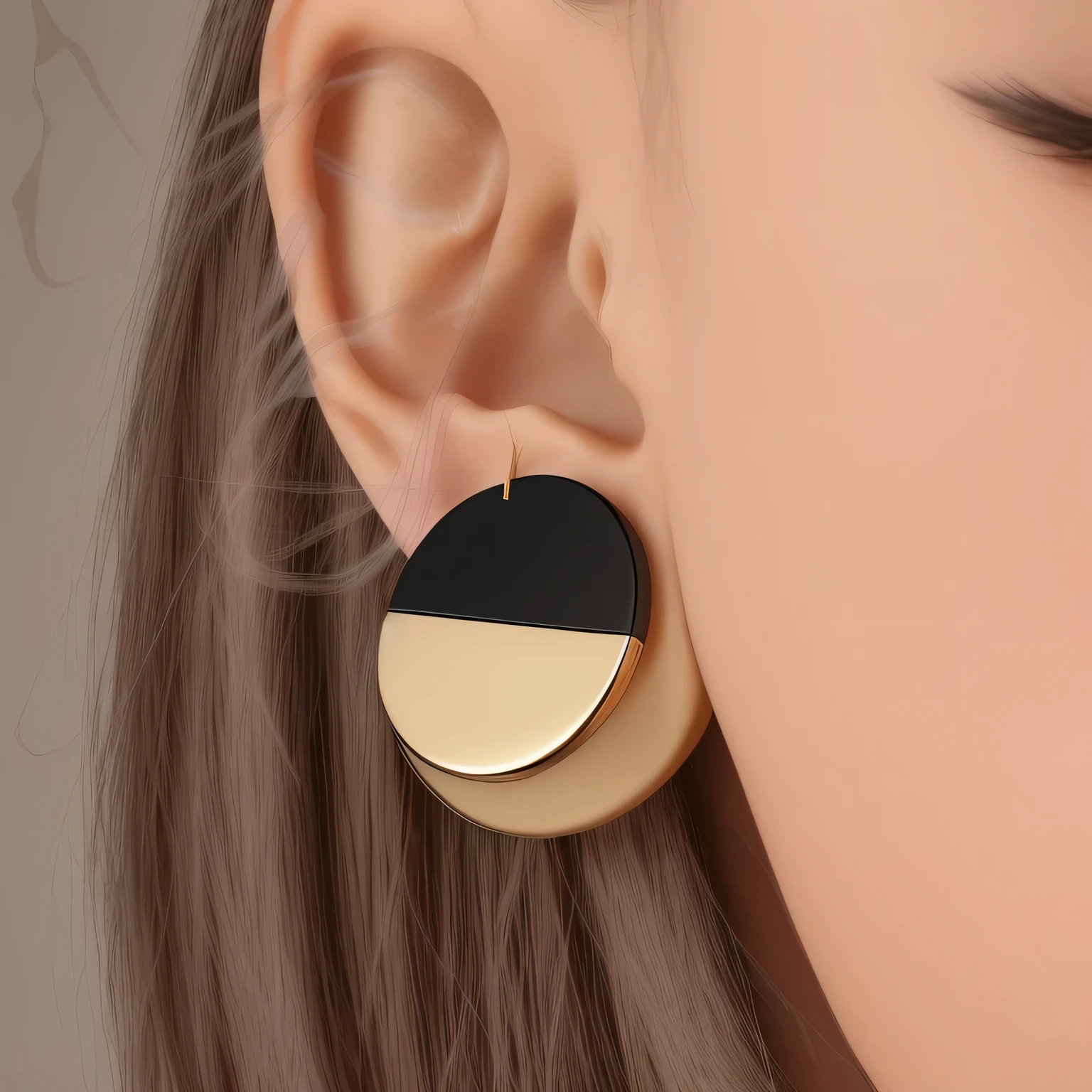 戴着black and goldear nipple ring的女人耳朵的特写, 细圆形ear nipple ring, Black jewelry, gold black, 35 mm product photo”, detailed zoom photo, Carbon black and ancient gold, 84mm), 分段式二维激光切割ear nipple ring, 4K product photos, ear nipple ring, black and gold, sleek metal ears, high detail product photo
