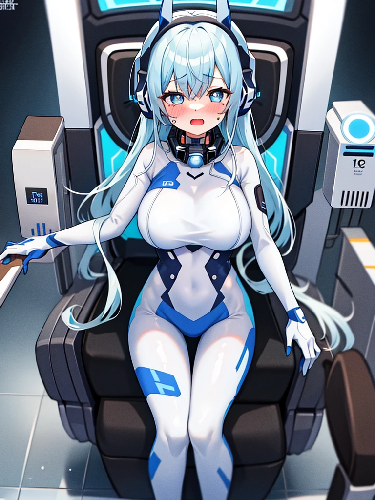 （Equestrian machine):1.7、straddle the、Tubes and cables、(Interior of a white and blue cyberpunk futuristic space station)、1girl in、独奏、Full body painting、breastsout、perspiring、tears、Heart-shaped pupil、Ahegao、Steamed body、(futuristic white latex bodysuit):1.1,head phone、V arm、red blush:1.3