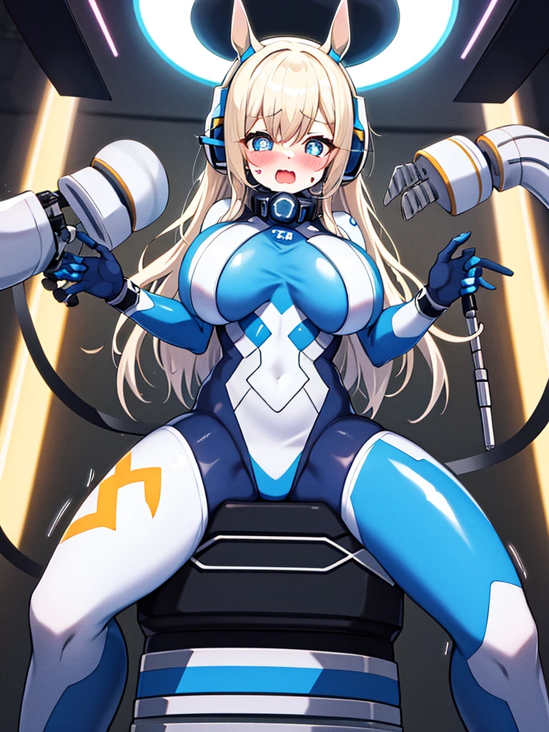 (Equestrian machine):1.7、straddle the、Tubes and cables、(Interior of a white and blue cyberpunk futuristic space station)、1girl in、独奏、Full body painting、breastsout、perspiring、tears、Heart-shaped pupil、Ahegao、Steamed body、(futuristic white latex bodysuit):1.1,head phone、V arm、red blush:1.3