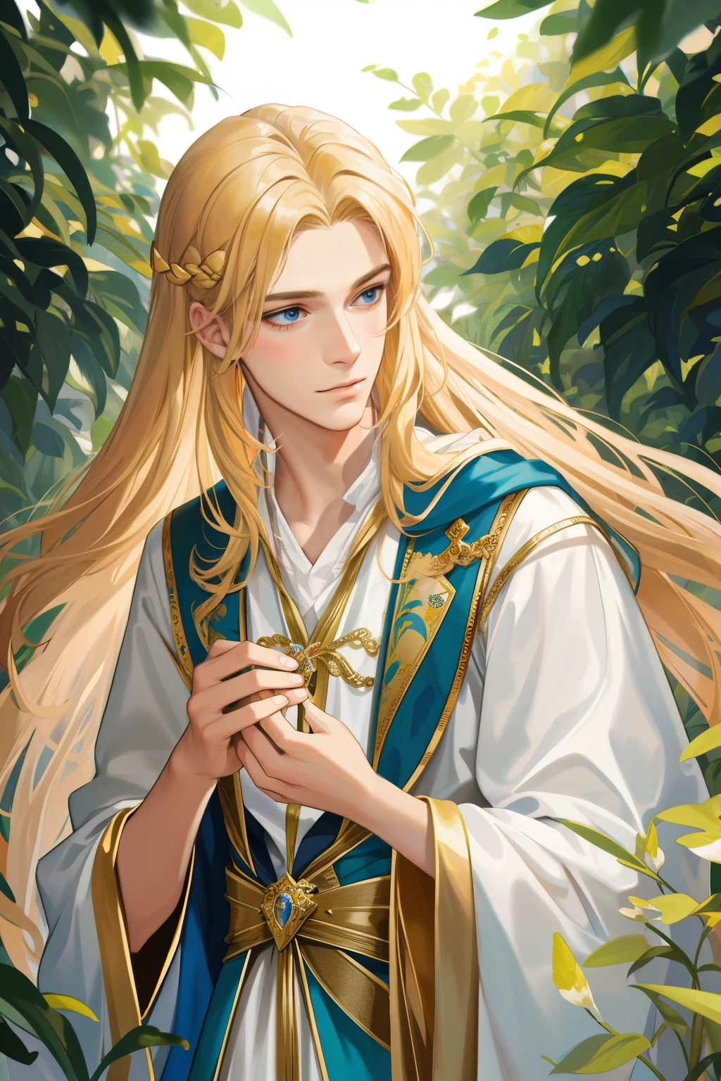 Masterpiece, Super-slim;, semi-realistic, Detailed facial features, 1boy, Golden hair, Long hair, in exquisite fairy costumes