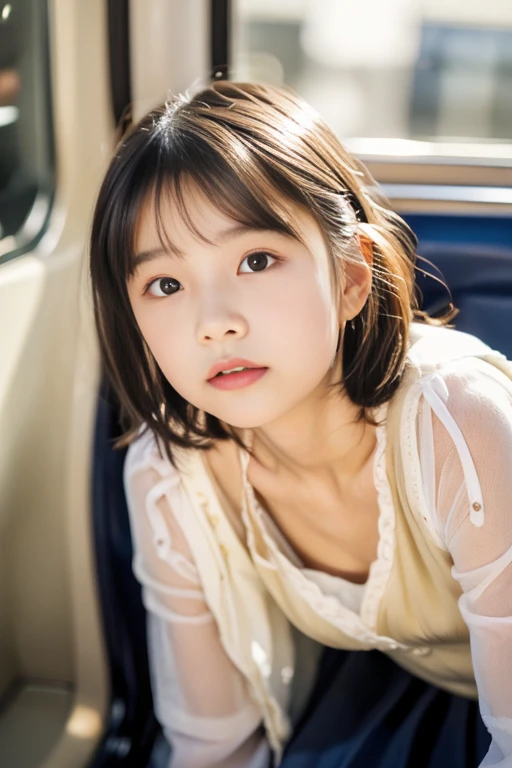 (((​masterpiece))),  (((cowboy  shot，sitting in a standing seat))，(One beautiful Japan girl, Innocence，kawaii) ，超A high resolution, Realistic, ultra-detailliert, 8K,top-quality, Extremely detailed, blurry backround,A slender,small tits，very beautiful japanese girl, Detailed face:1.3), (Short hair like a boy，A dark-haired :1.4), (a ，kawaii系,adorable 10 year oPerfect body:1.1),  (White sheer cardigan，Light brown pleated mini skirt), Sleepy look，A detailed face、Detailed lips、Detailed Big Eyes、small gravure idol，Transparent skin、lolita，carrying a small black backpack，Inside an empty train，leaning，Looking up from the ground，natta, Warm tones