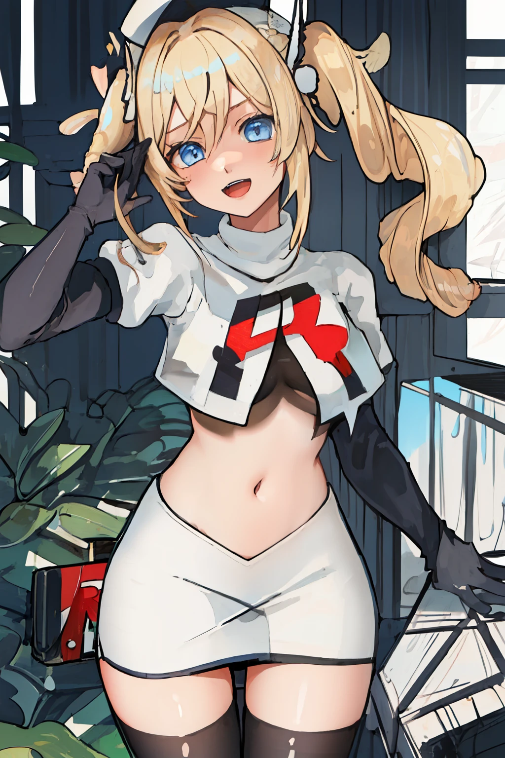 best quality, masterpiece, highres, solo, {barbara_genshin:1.15}, blonde_hair, blue_eyes, twintails, bangs, long_hair, drill_hair, twin_drills, hat, blush, breasts, white_headwear, hair_ornament, 1girl, hair_between_eyes, :d, team rocket,team rocket uniform,white skirt,red letter R,crop top,black thigh-highs,black elbow gloves