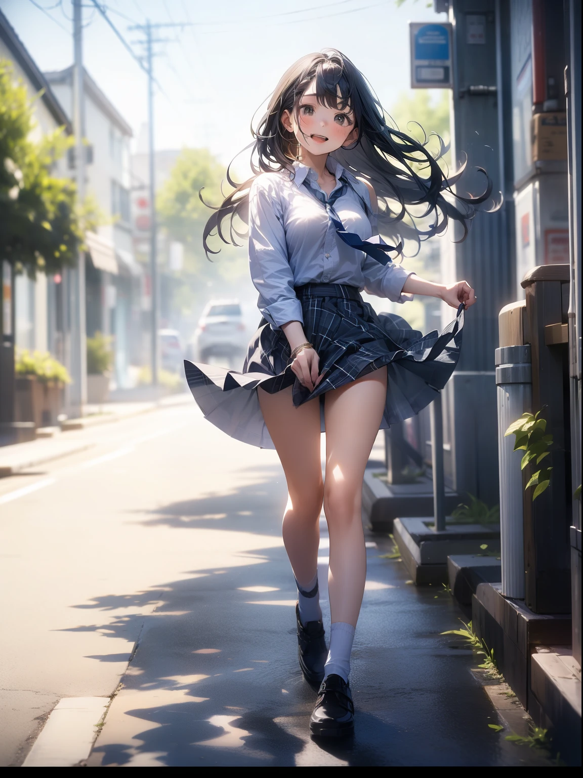in 8K、top-quality、masterpiece、ultra-detailliert、Ultra-high resolution、((1 persons))、girl with、校服、Braided hair、makeups、plaid skirts、heavy wind、((((Flip the skirt))))、street