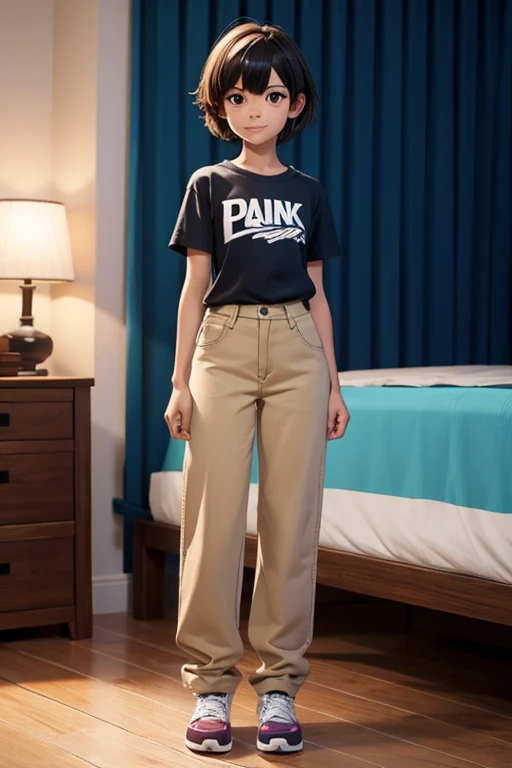 10 year old 2d female character with semi short hair, camiseta sin mangas y pantalones de malla negros para juego de plataformas