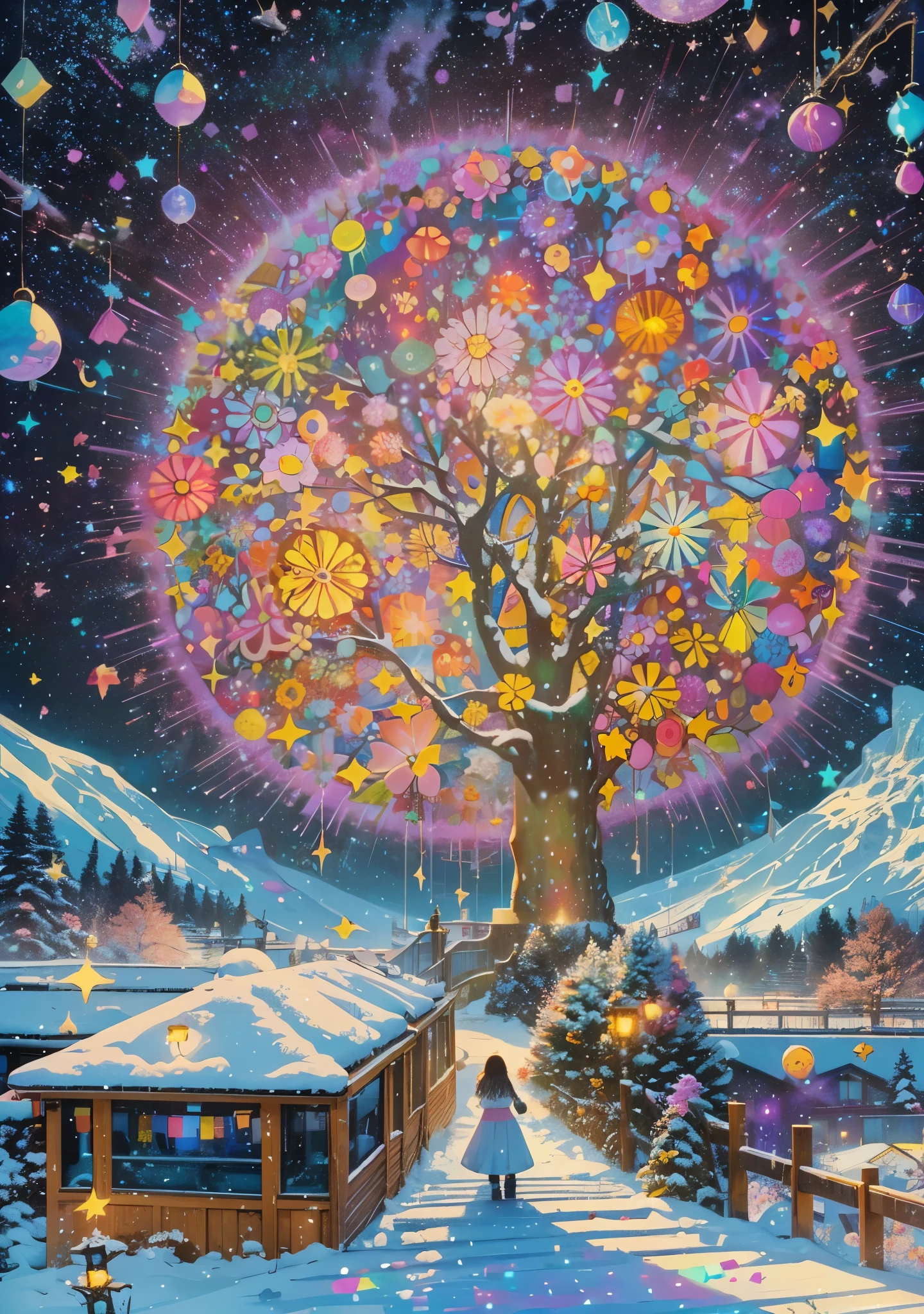 Melody Mark,top-quality、masutepiece、1womanl、独奏、(abstract art:1.4),(Psychedelia Theme:1.6),(Snow World:1.5),(At the center of the world is the most beautiful woman in the world),(many stars are falling:1.5),A ray of light spreads,Crystals spreading from the center,prisma(Nostalgic landscapes:1.5),(colorful flower:1.5),(fullmoon: 1.2),(rainbow: 1.3),(Warm light: 1.2), (firefly),intricate details,(dynamic compositions), Rich details and colors,Dreamy,My first kiss tasted like tears,love like a drama,The departure bell rang as if it had been predicted..,The cold winter wind caresses your cheeks,
i rubbed my hands with my breath,The city is illuminated with illuminations,it's like i'i cast a spell on you,Naked street trees shine,appreciate, goodbye, sad unrequited love,When i stop, i remember,Falling snow,it melted when i touched it,The body is trembling,The train is coming soon,It hurts now,i want to connect,How much did you want it?,
This hand is empty,This is what goodbye means,i also know that you are kind.,Let go of this hand,i'it was nice to meet us,i like you,it'It's okay to cry just for now,i don'I don't need words anymore,please hold tight,