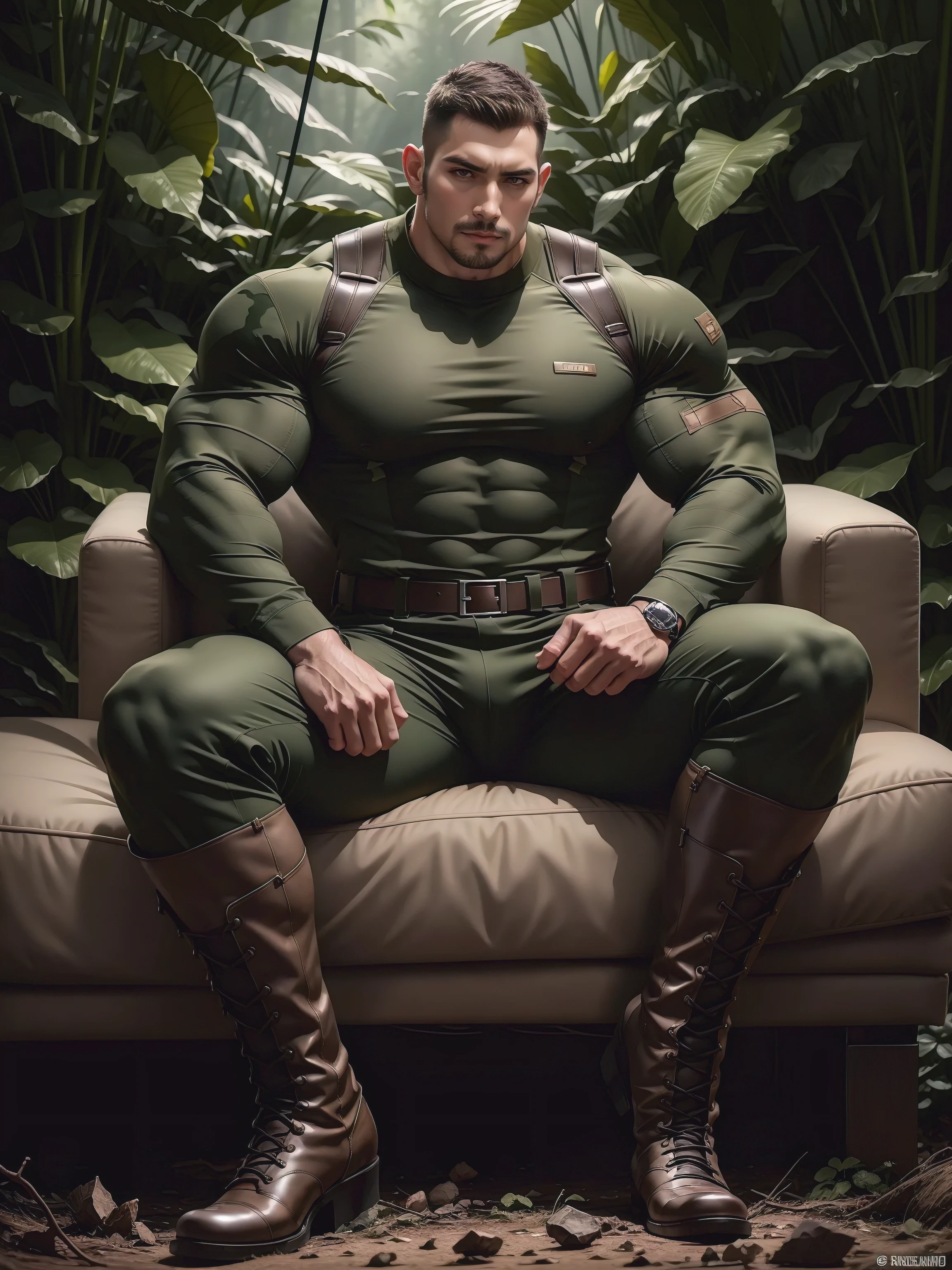Tall giant muscular man sitting in the forest,Dark brown camouflage military uniform,character design(Resident Evil - Chris Redfield,Chris Redfield)His hairstyle is a crew cut,身穿Dark brown camouflage military uniform,Matte texture,Soft and comfortable sofa,Sitting in the eerie sugar cane jungle, The body is wrapped in thick rattan,expression sad,Deep and charming eyes,Sapphire eye male protagonist,heroic masculine pose,Tall and burly,musculous!Charming leg muscles,tall, Burly, and strong, 身穿Dark brown camouflage military uniform, Super gain and cool, commission for high resolution, Big feet in black boots,Charming strong man,Bright sunlight shines on the body,Matte particles with shiny texture