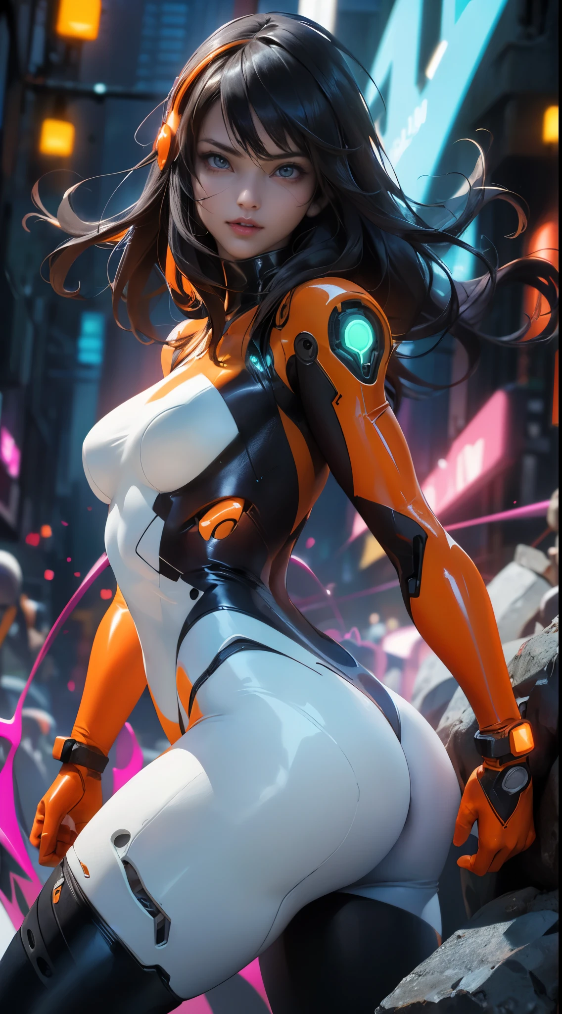 8K highly detailed image,Unreal Engine 5,Anime style,Mega Man-X style,SpiderMan style,Batman style,Super Metroid style,Cyberpunk style. Image of a woman cosplaying Mega Man-X/Samus Aran/SpiderMan/Batman. Black hair,blue eyes,staring intently at the viewer,extreme upgraded suit,weapons,set in futuristic city with heavy rain,facing viewer,smile.