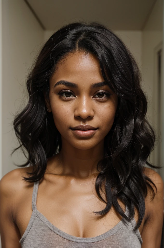Beautiful black woman aged 21, 1m68 with brown eyes who has long frizzy hair