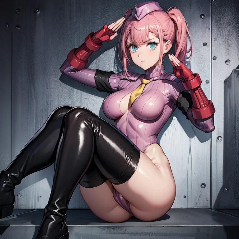 ultra-detailed, Explicit, Beautiful body, Beautiful Nose, Beautiful character design, perfect eyes, perfect face, ultra highres, 4K, beautiful legs, perfect legs, Nice hands, Perfect hand, Masterpiece, Best Quality, Highly detailed, illustration, absurdres, street fighter, doll suit, shadaloo doll, dollsuit, expressionless, blank eyes, looking at viewer, red gloves, emotionless, black latex, corrution, mind control, female combatant, full body, hypnotized, unhappy trance, full body suit, ribbed bodysuit, both arms at side, obey, perfect female body, extremely glossy latex, hypnosis, hypnoLora, empty eyes, Mind control device, poses, submissive_pose, Slave, hat, necktie, ssitting, sitting at attention, hat, necktie, belt, latex, ribbed bodysuit, thighhighs, garter belt, Fighting Stance, extending the right arm from the shoulder into the air with a straightened hand, nazi saluting, military, military saluting, salute, thigh boots, solo, 1girl, We Never Learn, Mafuyu Kirisu, pink hair, long hair, blue eyes