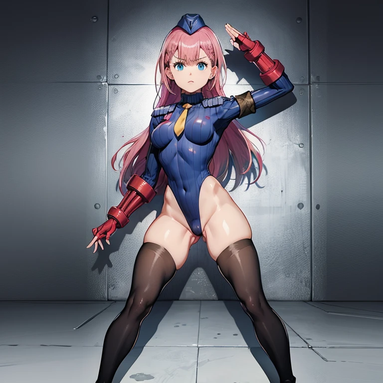 ultra-detailed, Explicit, Beautiful body, Beautiful Nose, Beautiful character design, perfect eyes, perfect face, ultra highres, 4K, beautiful legs, perfect legs, Nice hands, Perfect hand, Masterpiece, Best Quality, Highly detailed, illustration, absurdres, street fighter, doll suit, shadaloo doll, dollsuit, expressionless, blank eyes, looking at viewer, red gloves, emotionless, black latex, corrution, mind control, female combatant, full body, hypnotized, unhappy trance, full body suit, ribbed bodysuit, both arms at side, obey, perfect female body, extremely glossy latex, hypnosis, hypnoLora, empty eyes, Mind control device, poses, submissive_pose, Slave, hat, necktie, ssitting, sitting at attention, hat, necktie, belt, latex, ribbed bodysuit, thighhighs, garter belt, Fighting Stance, extending the right arm from the shoulder into the air with a straightened hand, nazi saluting, military, military saluting, salute, thigh boots, solo, 1girl, We Never Learn, Mafuyu Kirisu, pink hair, long hair, blue eyes