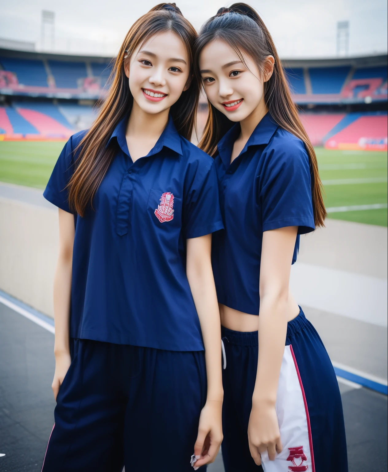 (bestquality,10,10,highres,masterpiece:1.2),ultra-detail,(Realistic,ภาพRealistic,photo-realistic:1.37),1 Cute girl in the football field,oily shiny skin,bara,light smile,BDclothelue shirt:1.3)),short sleeves,shirt, trousers.,(navy_long_ติดตามtrousers:1.1), ((Stadium Background:1.3)),dynamic angle,excited,face focus,Dynamic Poses,from behide,Ass Focus,masterpiece, bestquality, ultra realistic, hyper-detail, 8k resolution, RAW photo, crisp focus, ((Navy blue shirt:1.1)), short sleeves, เส้นทางlong, Complete bodyแบบ, 2 mature women, 18yo, cinematic light,trousersวอร์มสีน้ําเงิน,Gymware,Correct anatomy,Complete body, Correct body, sharp face, Correct bodyทางกายวิภาค, full entire body,((สวมwatch)), watch, Realistic gestures, long-haired, Realistic poses,Wear long shorts..............................,ช่วงขาlong,Shapely,Sculpting Girl, Slender Figure, mannequin mannequins, Shapely, Beautiful body,trousersวอร์มสีน้ําเงิน, Two girls kissing