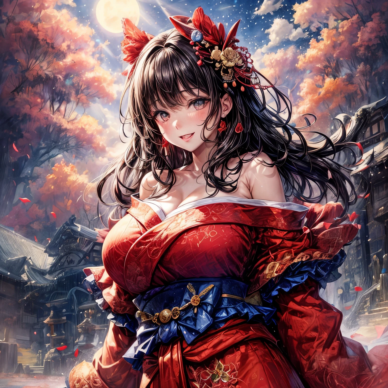 ((worst quality, low-quality)), ((a closeup)), (girl with:1.2), (Big breasts), (A dark-haired, short-cut:1.3), (Dynamic Pose:1.2),plump shiny lips, Beautiful clear eyes, (The best smile), Spoken Heart, (perfect hand:1.2), (red and Pink theme:1.4), (Japanese courtesan girl with:1.3), (Comes with maxi length red kimono [Pink] Obi:1.4), (Highly detailed and colorful embroidery and fancy patterns:1.3), (off shoulders:1.4), (geta:1.2), (Fancy hair ornaments:1.3), ((super huge ribbon:1.2) in front of the waist:1.3), low angle shot, (Bewitching light, rays of moonlight:1.4), (Background of the playground:1.2), masutepiece,Best Quality,ultra-detailliert, ​masterpiece,