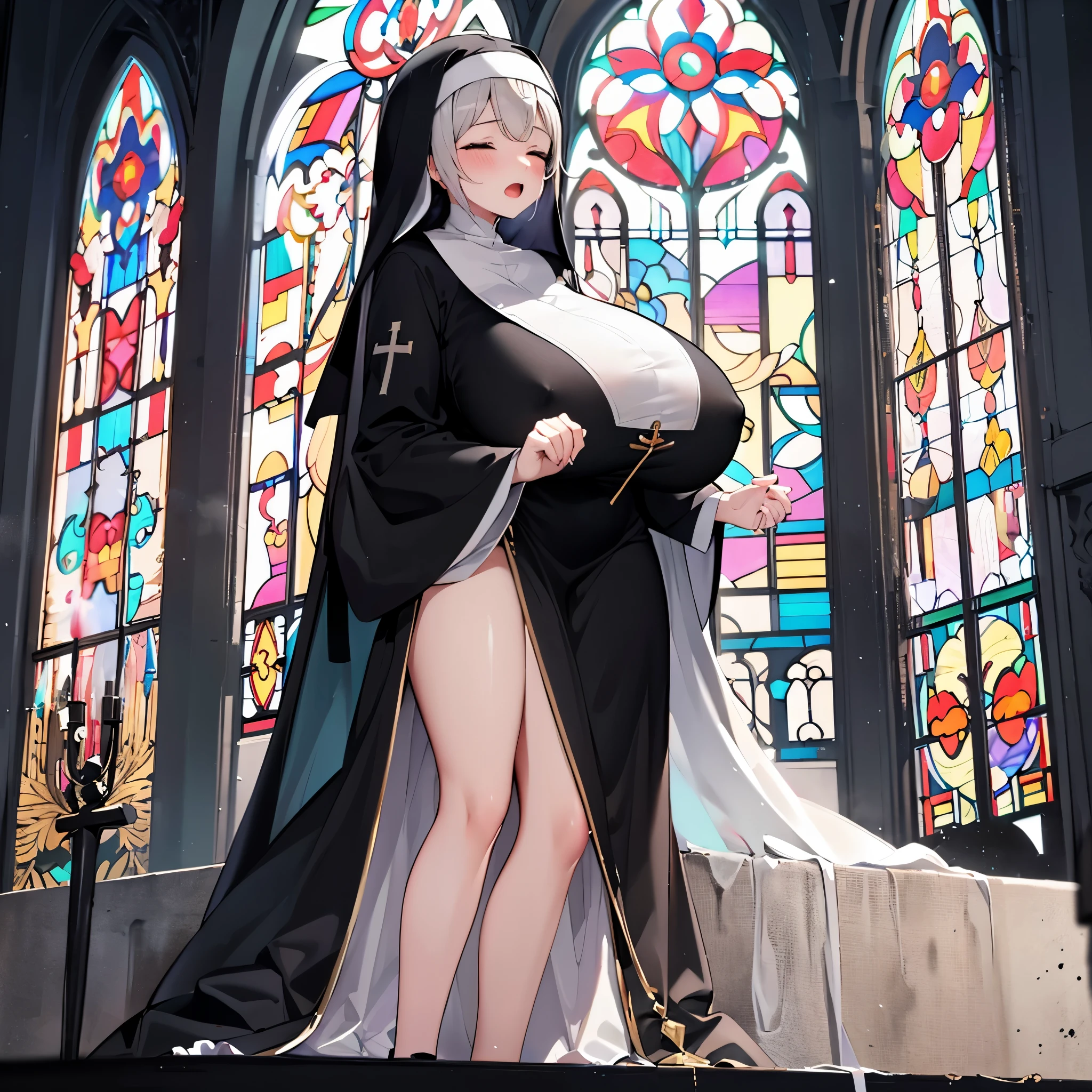 (solo 1 praying nun:1.2) standing in church, praying with holding hands together over chest, very thin, (black sheer long dress:1.4), (gigantic breasts:1.3), (bursting breasts), (black sheer long skirt:1.3), inconceivably thin waist, closing eyes, nose blush, open mouth, (heavy breathing:1.2), stained glass, full body, 8k, ultra-detailed, masterpiece