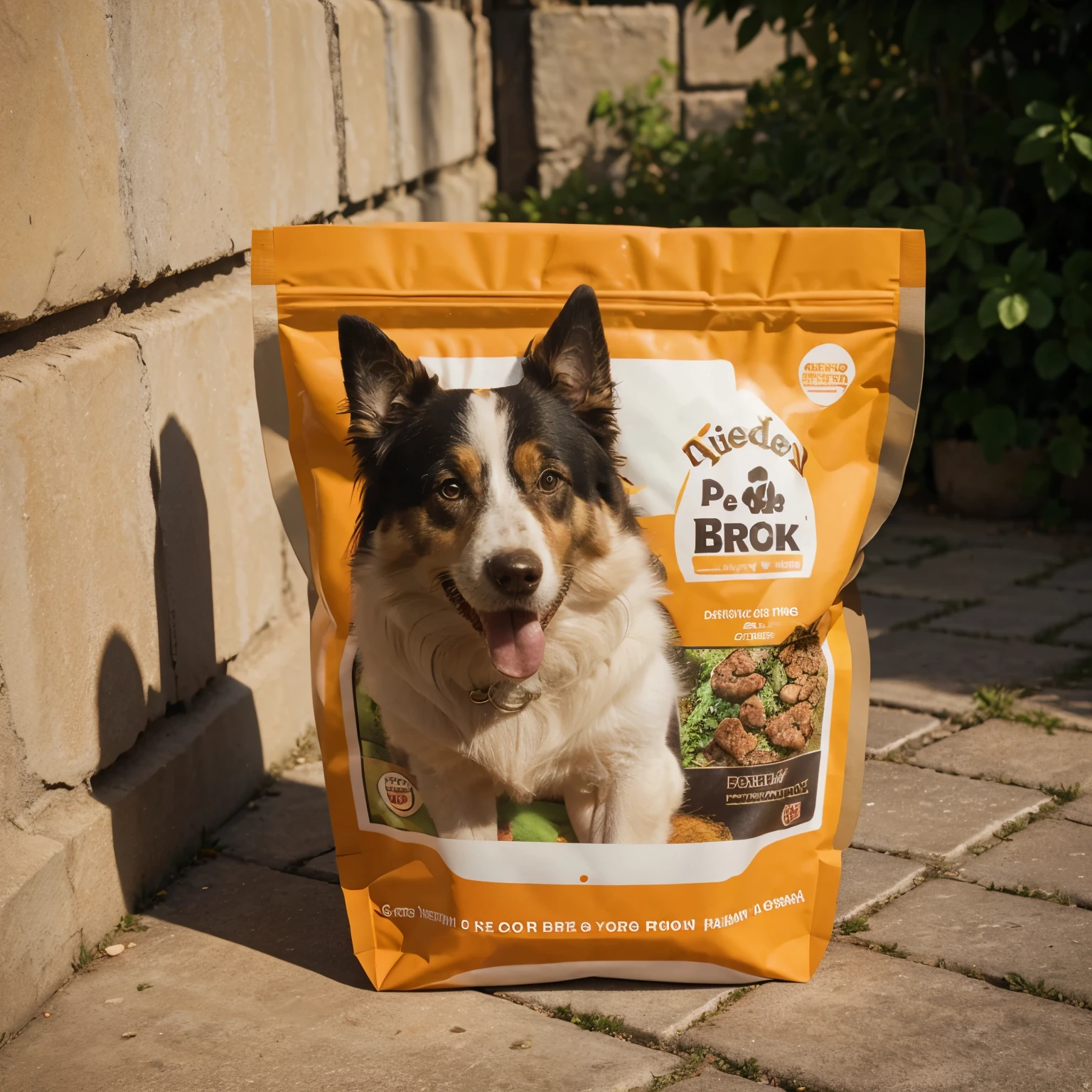 a pet food packaging bag,with golden hair, border collie, high-end, orange and black