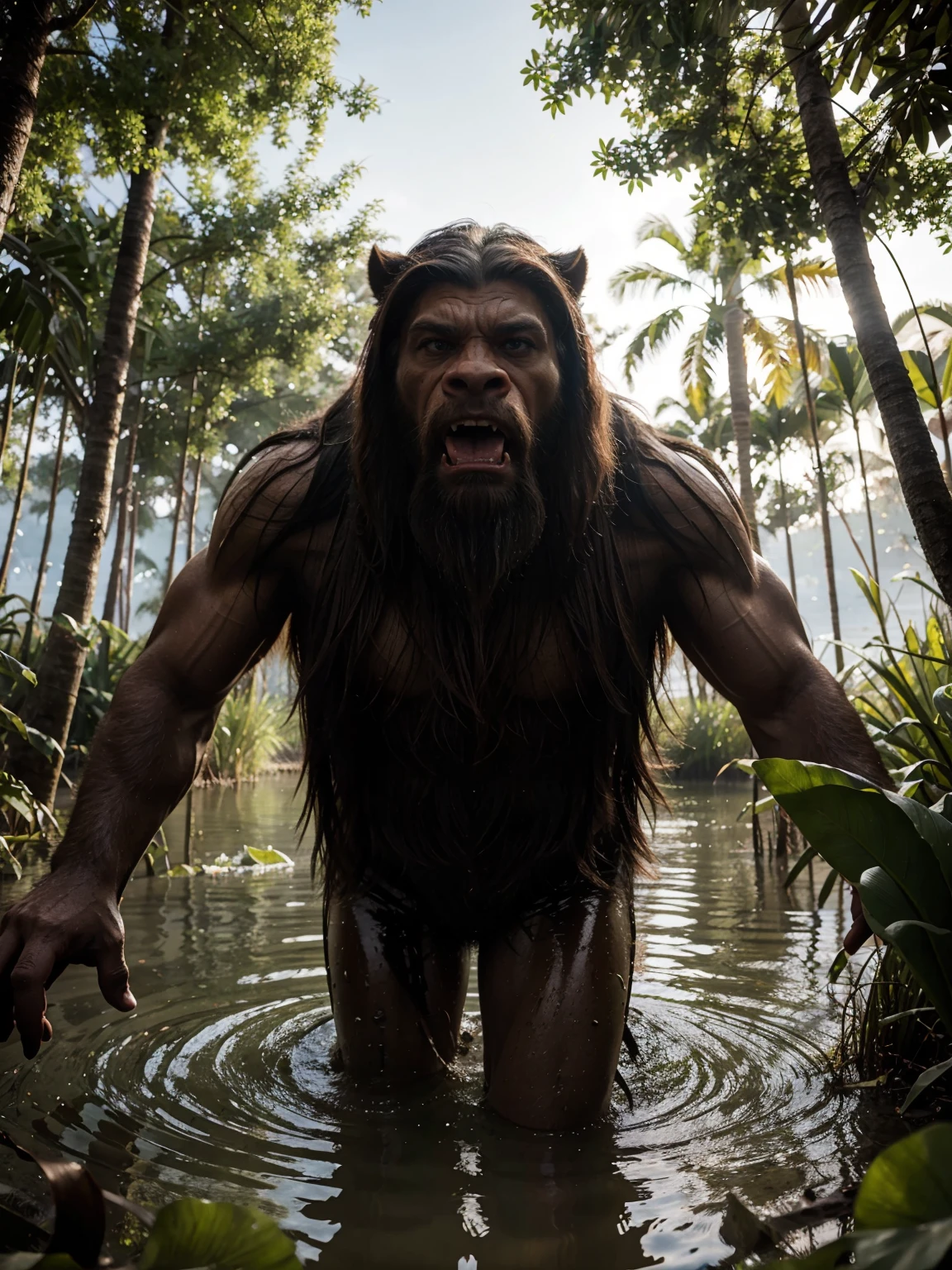 hyper-realistic close-up shot of a majestic angry Bigfoot, open mouth, fangs, walking in water towards front camera, its massive frame dwarfing the surrounding plants, wading through the murky waters of a swamp. The creature's eyes are intense and intelligent, and its fur is a mesmerizing blend of browns and blacks