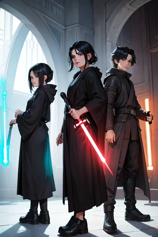 3 young jedi knights, black robes , 4k ultra  black hair , light sabers