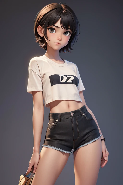 Nude 2d 10 year old female character with semi short hair, camiseta sin mangas y pantalones de malla negros para juego de plataformas