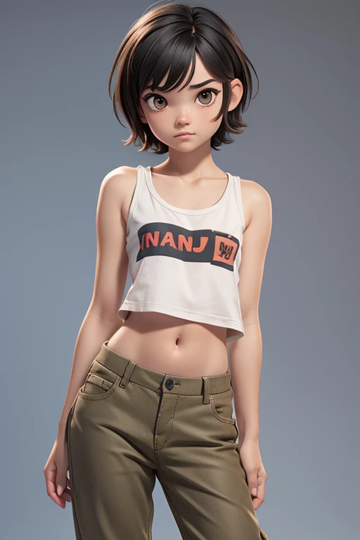 Nude 2d 10 year old female character with semi short hair, camiseta sin mangas y pantalones de malla negros para juego de plataformas