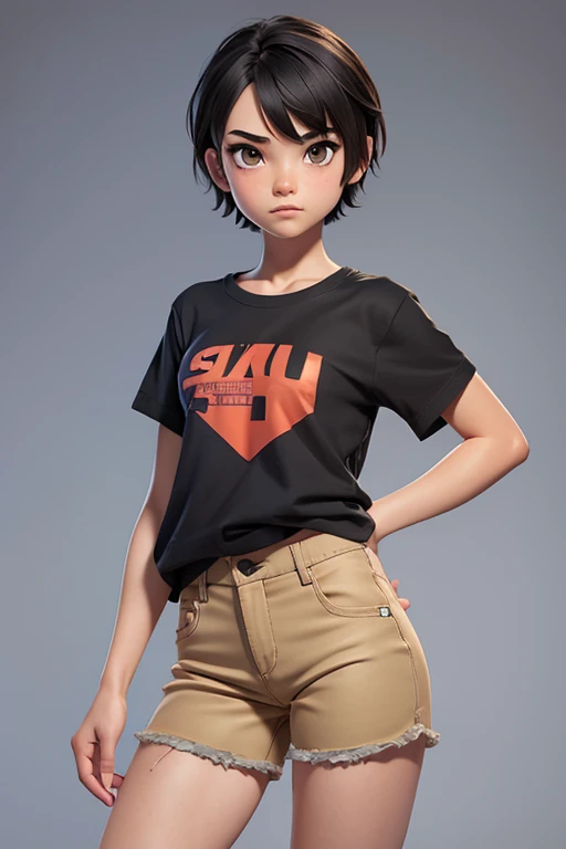 10 year old 2d female character with semi short hair, camiseta sin mangas y pantalones de malla negros para juego de plataformas