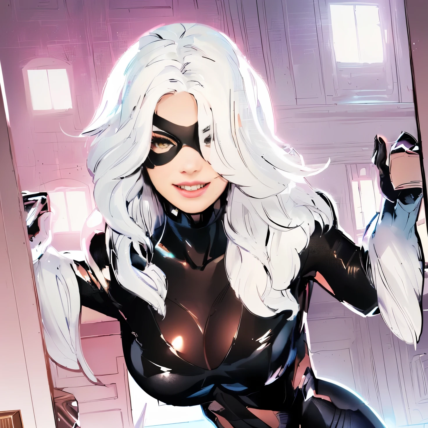 a close up of a woman in a black and white outfit, black cat, cat woman, black canary, margot robbie as cat woman, catgirl, white haired, adam hughes, white haired lady, white-haired, j. scott campbell, spider-gwen, spider - gwen, emma frost, ( ( spiderwoman ) ), spider gwen, terry moore