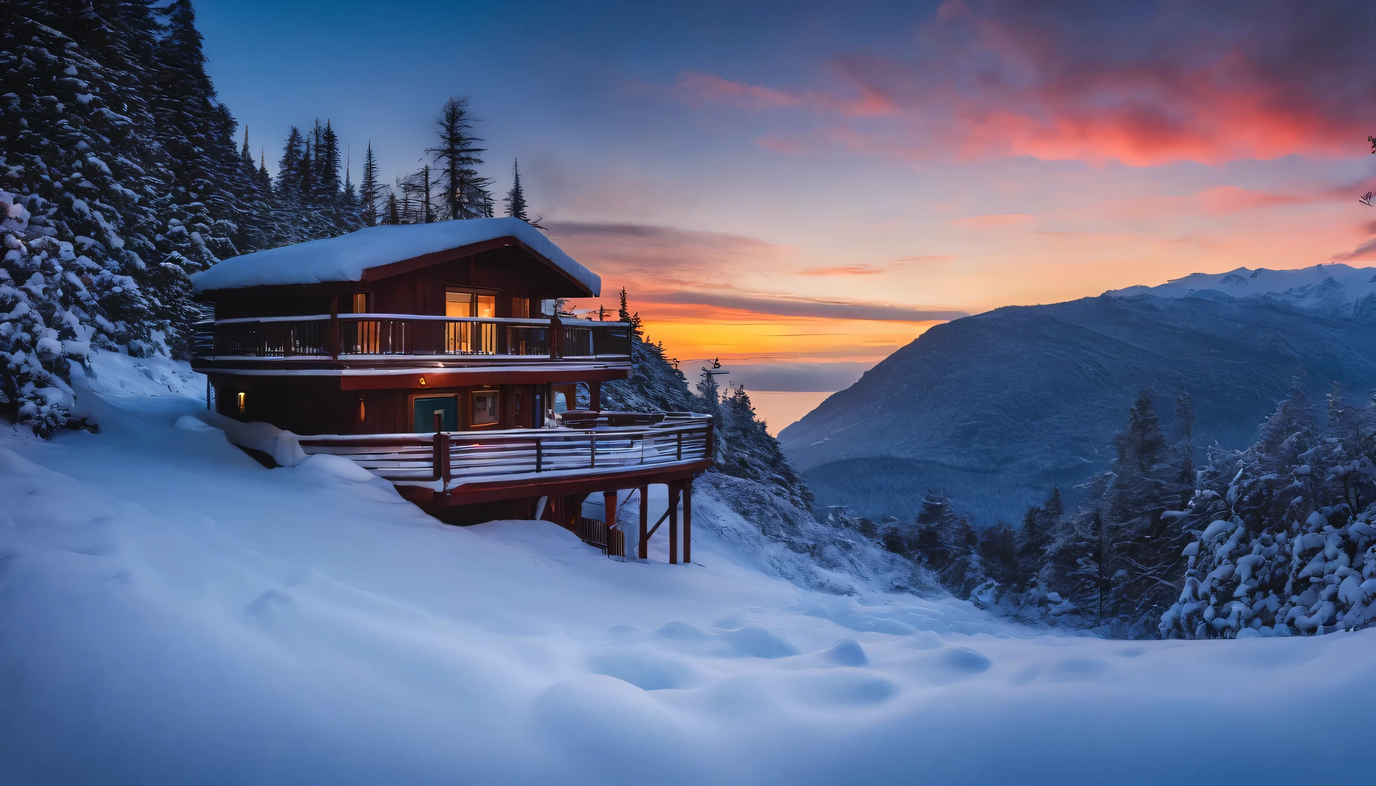 um quarto de madeira em uma cabana de madeira no Alaska,nevando, neve, frio