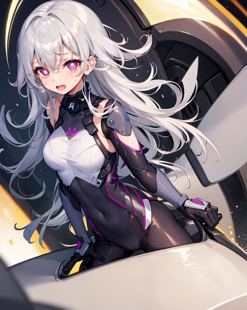 riding machine, 1girl, solo, breasts, sweat, tears,heart-shaped pupils, ahegao, steaming body, bodysuit,v-arms,