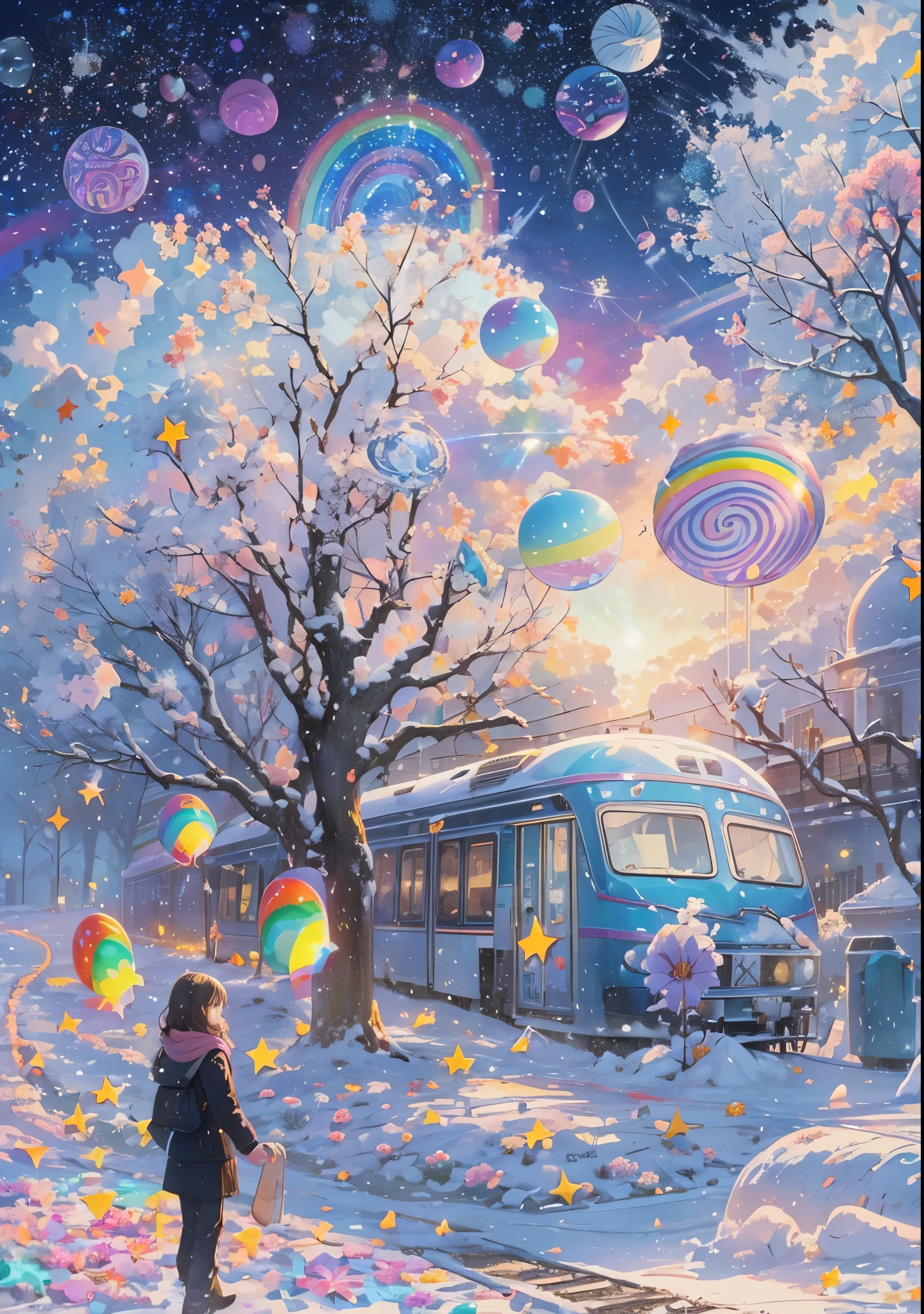 Melody Mark,top-quality、masutepiece、1womanl、独奏、(abstract  art:1.4),(Psychedelia Theme:1.6),(Snow World:1.5),(At the center of the world is the most beautiful woman in the world),(many stars are falling:1.5),A ray of light spreads,Crystals spreading from the center,prisma(Nostalgic landscapes:1.5),(colorful flower:1.5),(fullmoon: 1.2),(rainbow: 1.3),(Warm light: 1.2), (firefly),Intricate details,(dynamic compositions), Rich details and colors,Dreamy,My first kiss tasted like tears,A love like a drama,The departure bell rang as if it had been predicted.,The cold winter wind brushes my cheek,
I rubbed my hands with my breath,The city is illuminated,It&#39;s like I&#39;ve cast a spell on you,Naked street trees sparkle,Thank you, goodbye, sad unrequited love,When I stop, I remember,falling snow,It melted when I touched it,My body is shaking,The train is coming soon,it hurts me now,I want to connect,How much did you wish,
This hand is empty,This is what goodbye means,I also know that you are kind.,Let go of this hand,I&#39;m happy that we met,I like you,It&#39;s okay to cry just for now,I don&#39;t need words anymore,Please hold tight,