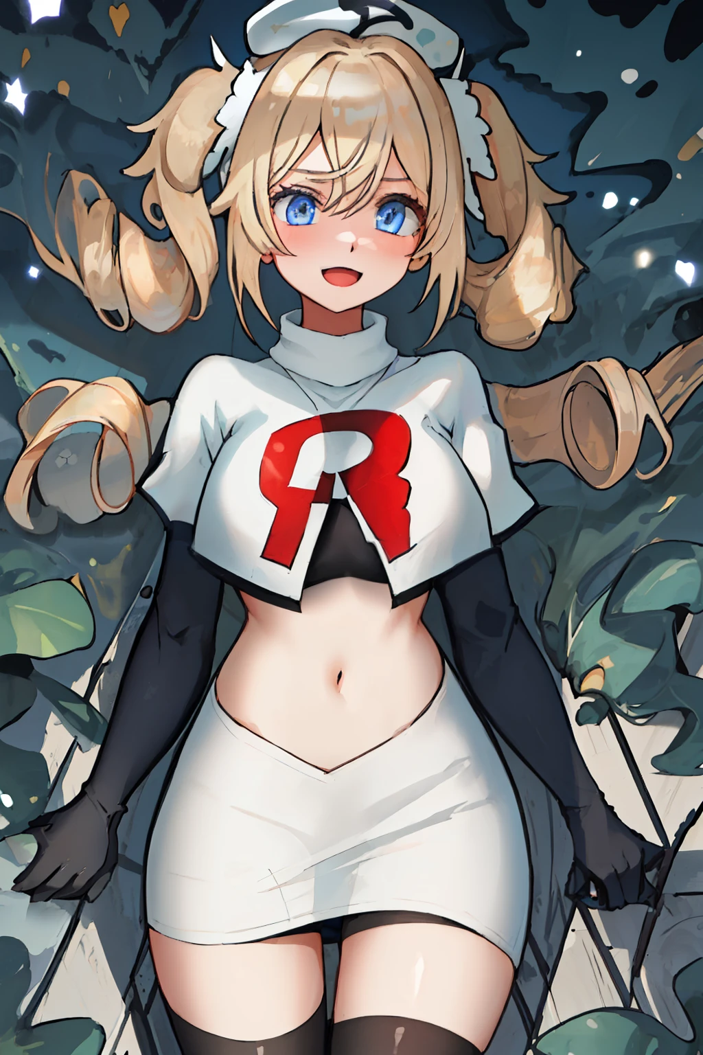 best quality, masterpiece, highres, solo, {barbara_genshin:1.15}, blonde_hair, blue_eyes, twintails, bangs, long_hair, drill_hair, twin_drills, hat, blush, breasts, white_headwear, hair_ornament, 1girl, hair_between_eyes, :d, team rocket,team rocket uniform,white skirt,red letter R,crop top,black thigh-highs,black elbow gloves