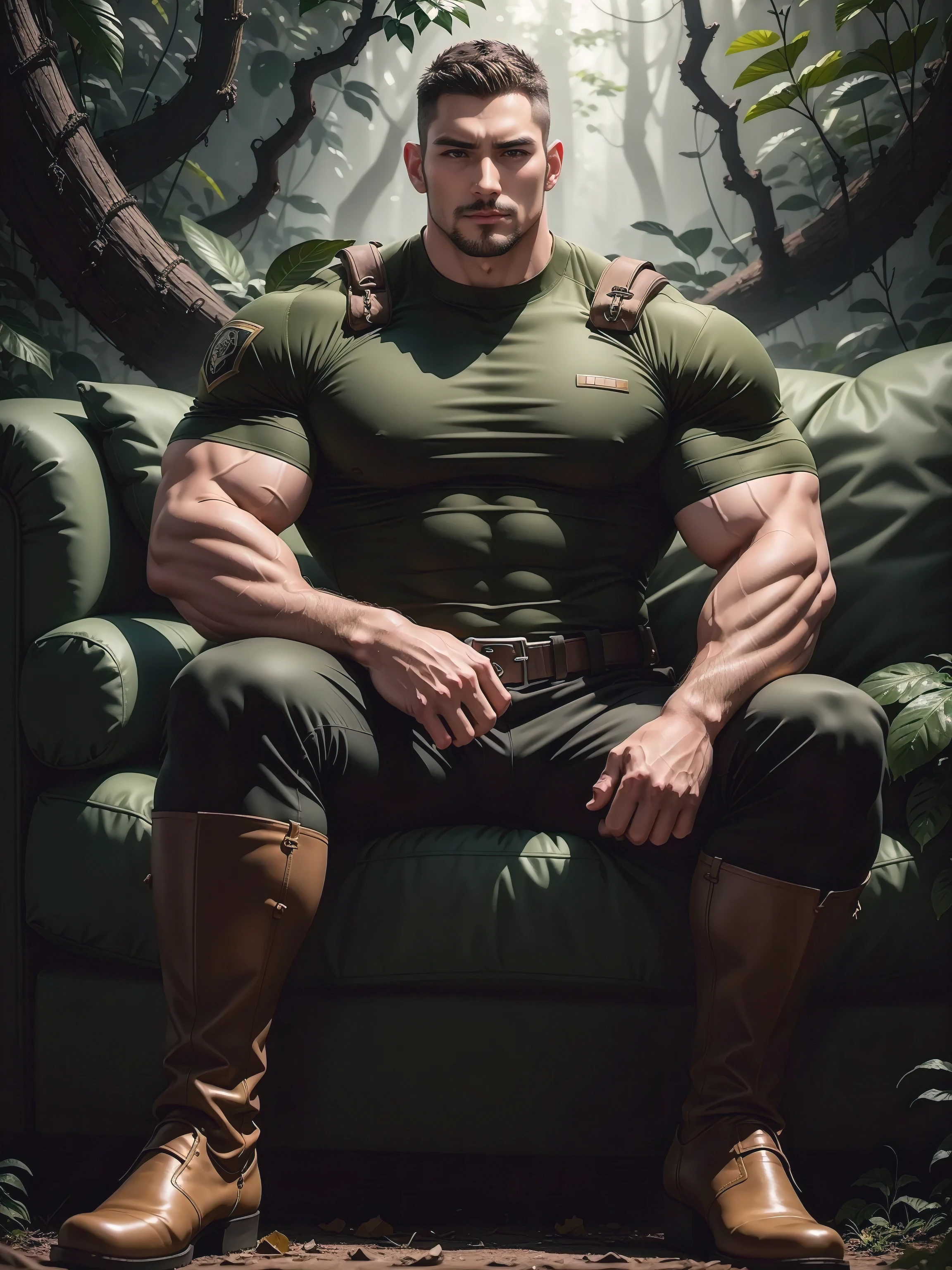not allowed boots, Photorealistic full body an 50 year old muscular Chis Redfield with shaved brown hair, five o'clock shadow, blue eyes and glasses with black frames in a tan camp counselor shirt and dark brown cargo shorts, black socks (socks1.4), and no shoe and a tall very buff 48 year old Caucasian young man with shaved blond hair, green eyes, and facial stubble in a tan camp counselor shirt and dark brown cargo shorts, white socks, and tan hiking boots are sitting together on a log in front of a campfire at night. Sexy, masculine, muscular, love, veiny, muscular hairy legs, hairy chest, very large uncut dick, only feets, big and sext feets with black socks