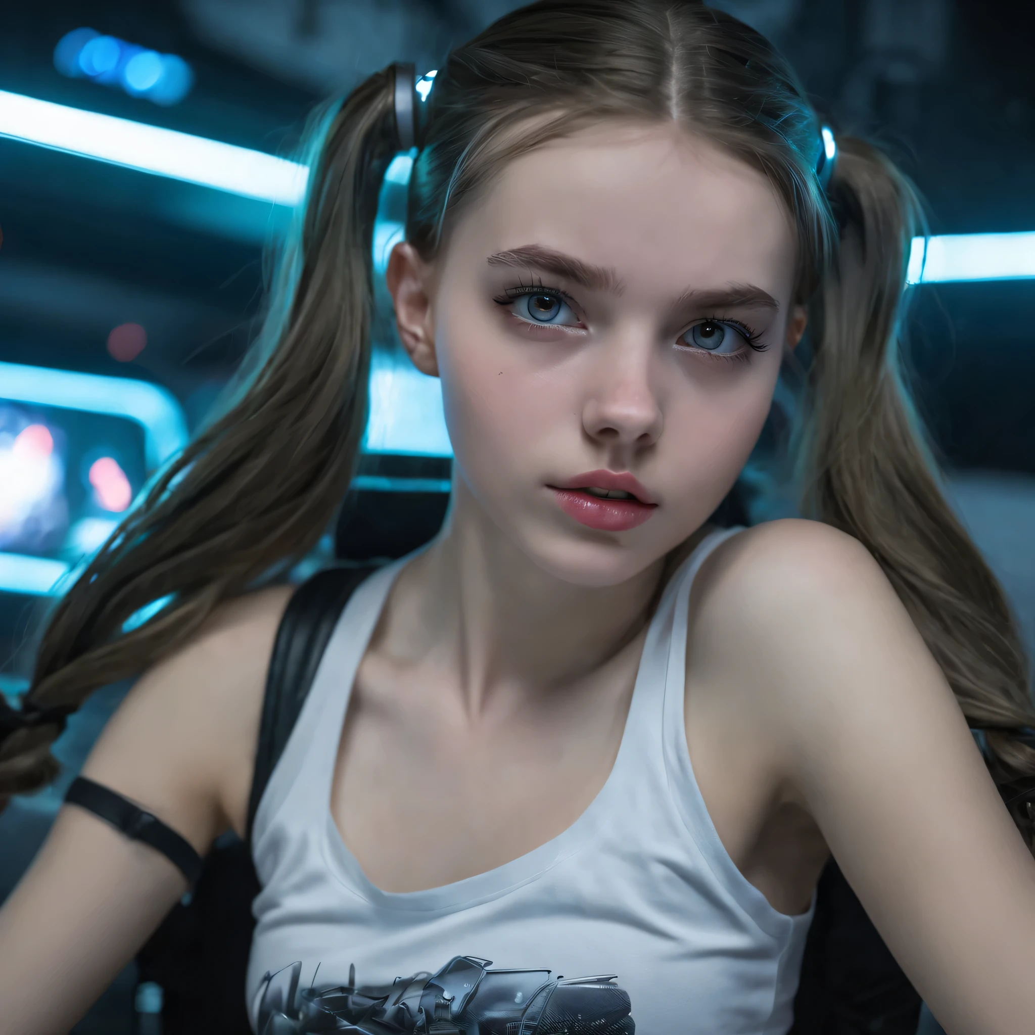 white girl,  auf einem Bett sitzen,  in einem Cyberpunk-Stahlbunker mit Luken usw.,  im Hintergrund. Sie hat eine Twintail-Frisur. 16 year old girl,  schlanke petite,  small girl,  Beautiful Breasts. Meisterwerk,  8K,  4K,  high resolution,  DSLR,  ultra quality,  Scharfer Fokus,  Scharf geheftet,  DOF,  Filmkorn,  Fujifilm XT3,  kristallklar,  8K UHD,  beautiful eyes with very large dilated pupils,  Hochdetailliertes Fell,  Hautporen,  seductive,   schauen,  charming lady with beautiful long hair,   volle Lippen,  lange Beine,  beautiful face in ripped vaultsuit clothes. , realistisch colors, realistisch, photorealistisch,Complete body visible in the picture,sehr enge kleidung