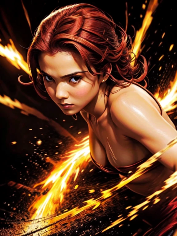 jovem ruivo com espadas empunhadas duplas acompanhadas por um pinguim imperador,插圖,oil-painting,circunstanciado,olhos penetrantes,Determined expression,flowing red hair,flashing blades,fundo escuro,dramatic lighting,action-packed,master part:1.2,vivid colors,medium brushstrokes.